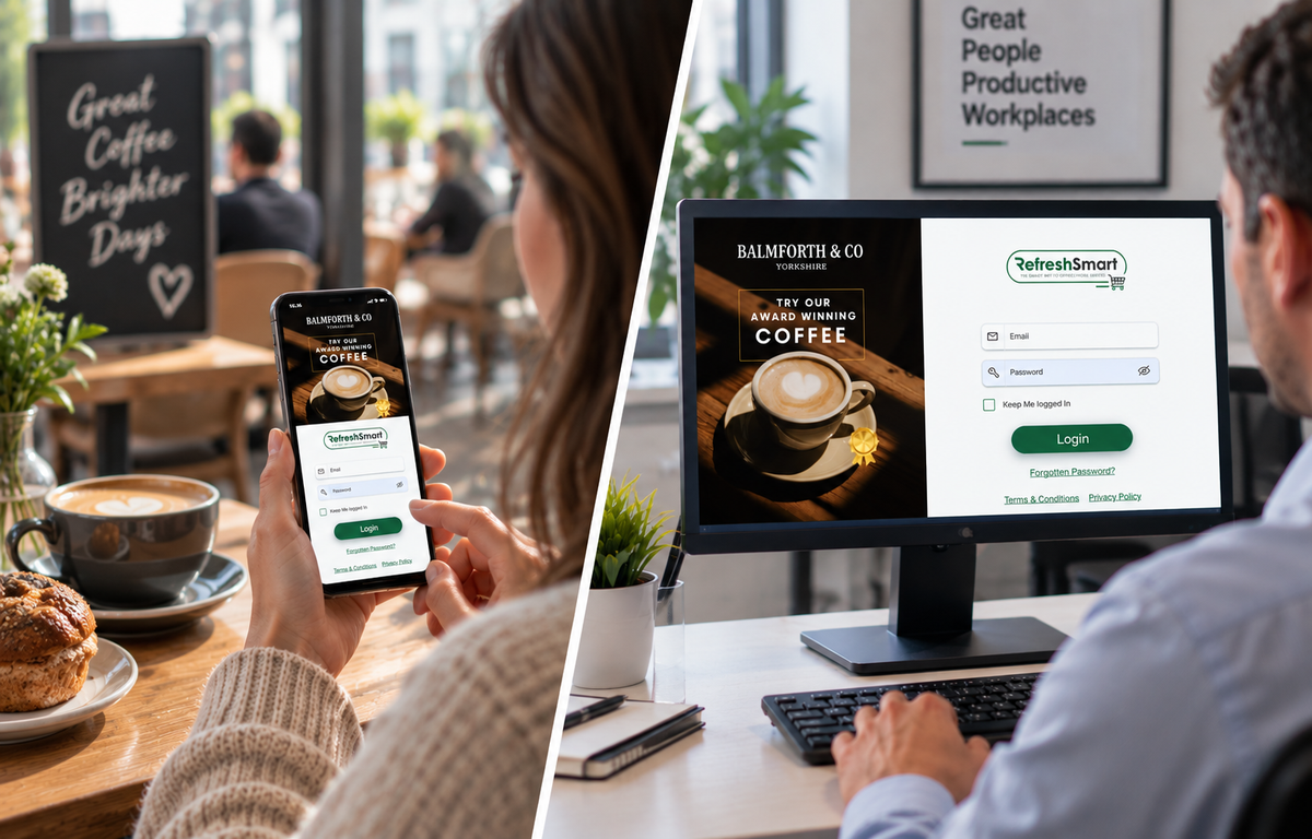 Refreshment Systems Online ordering app shown on smart phone