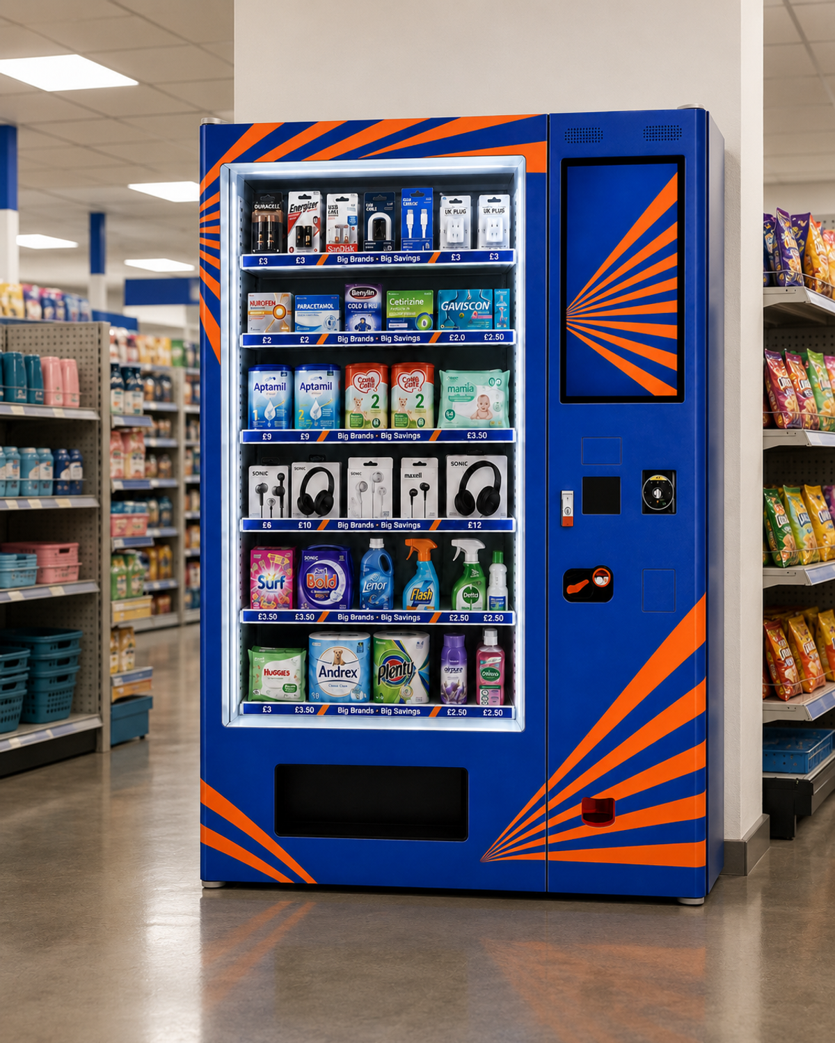 VendSmart Media Vending machine showing electrical items, baby products, cleaning products