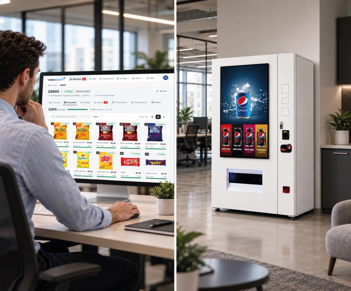VendSmart Optic, Media, Neo Vending Machine shown in a modern office canteen