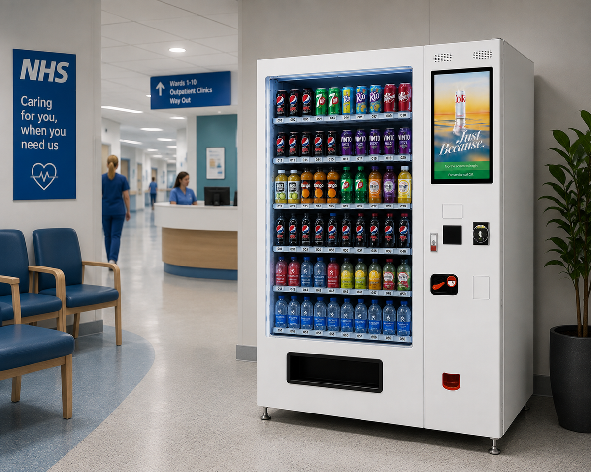 VendSmart Media Vending Machine shown in a NHS waiting room