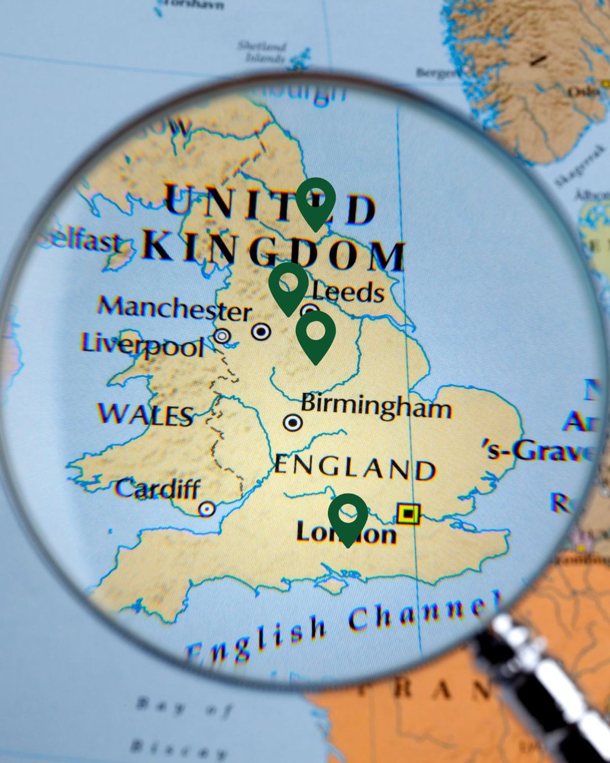 Map of the UK showing Depots, Derby, Croydon, Sunderland, Bradford