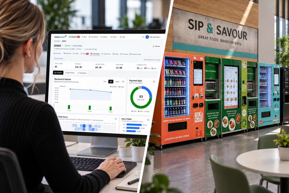 VendSmart Optic, media and Neo Vending Machine shown in a modern canteen or staff area