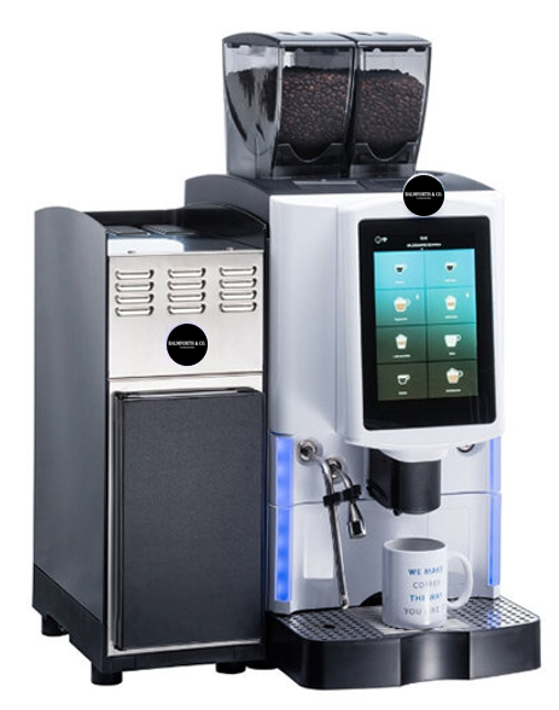 The Touch Optima commercial bean to cup coffee machine with side milk chiller and cup warmer