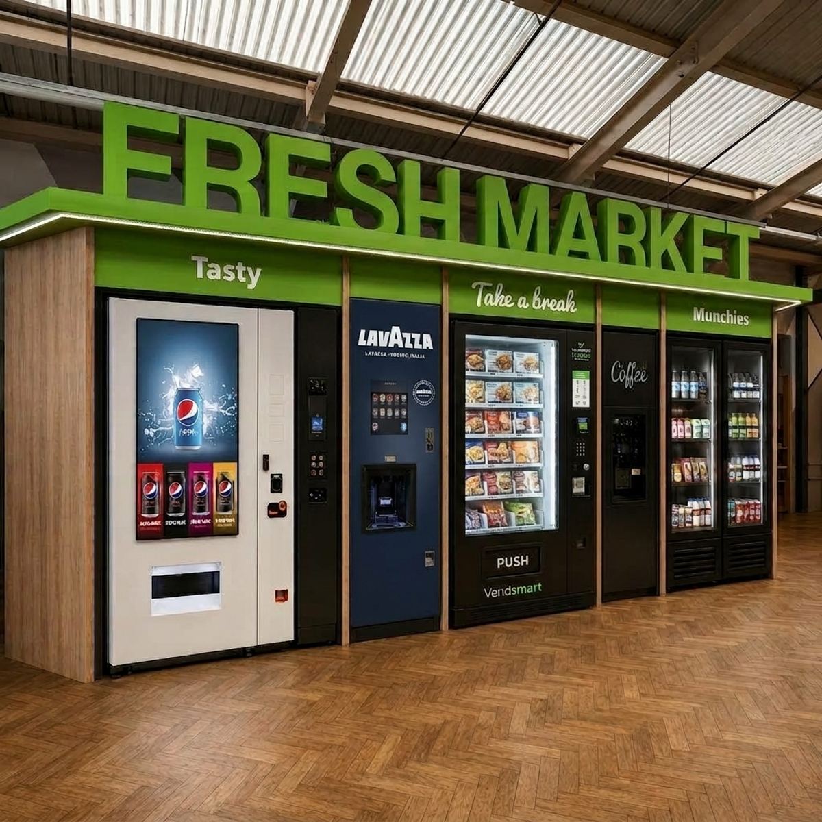 Vending and coffee machines micro market with smart fridges