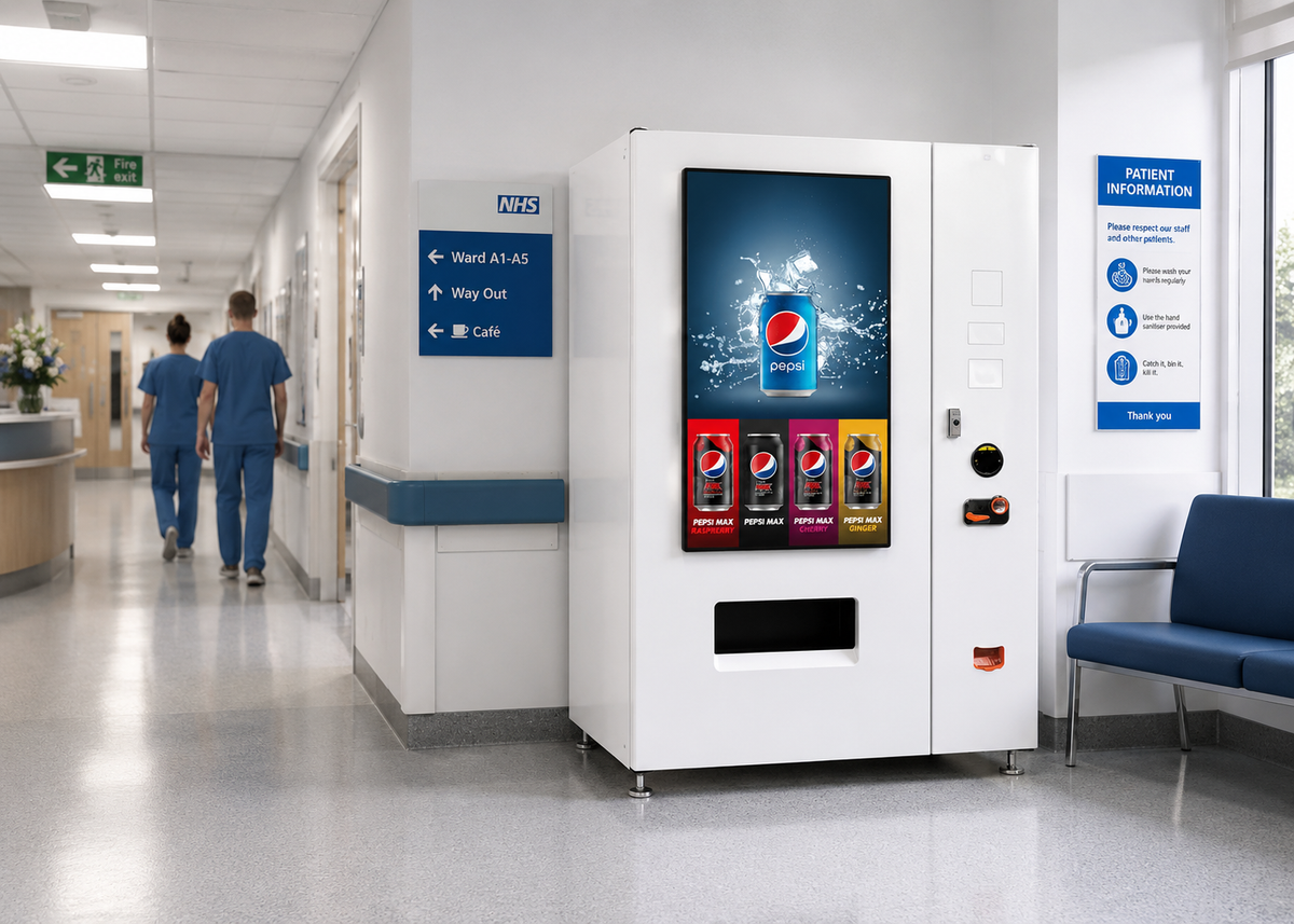 VendSmart Optic Vending Machine shown in a hospital corridor