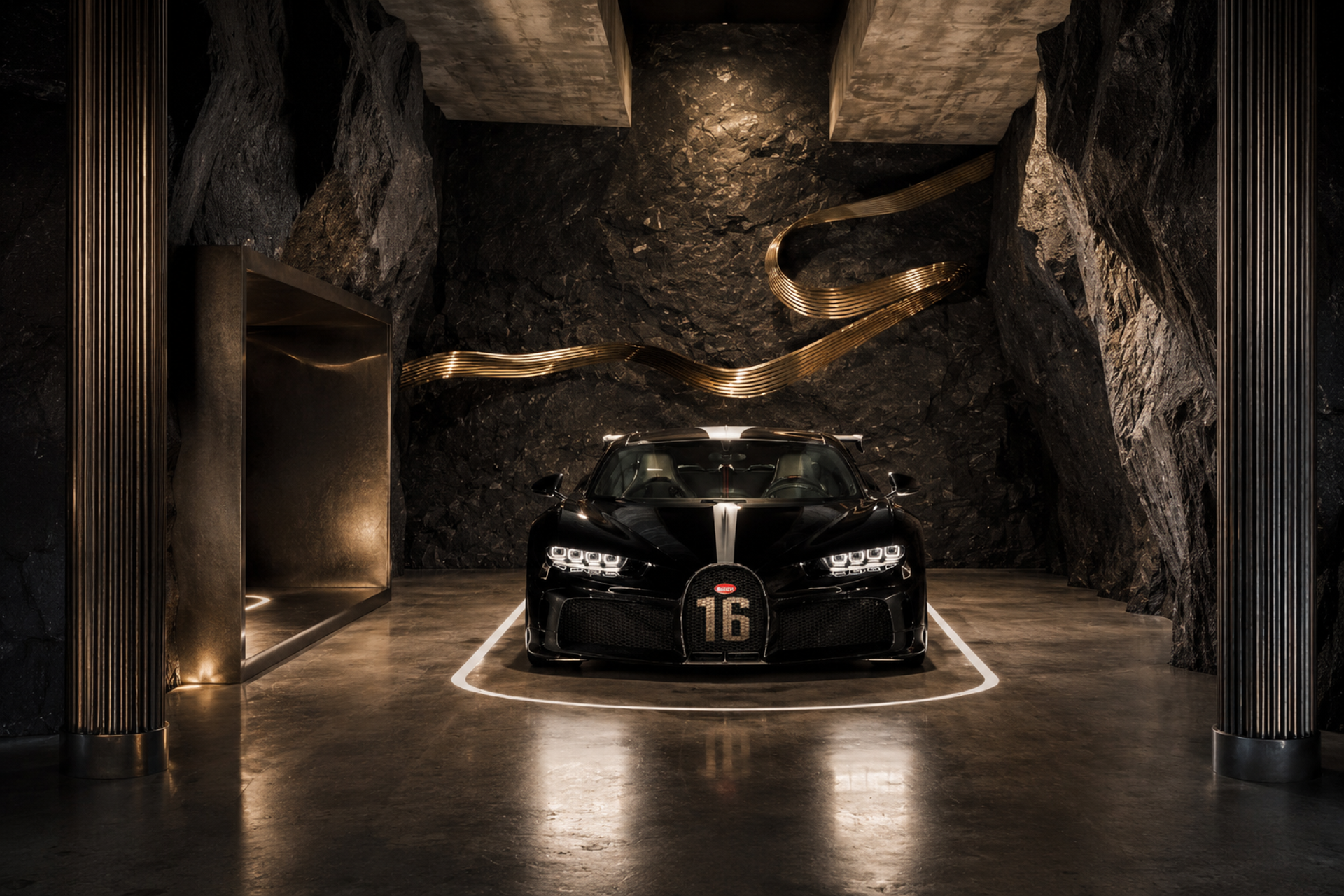 Black Myth — vue d’ensemble de la Bugatti et du décor sculptural