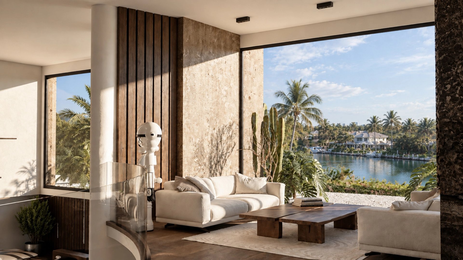 American Dream par Créa’Home : salon en mezzanine avec vue imaginée sur un canal résidentiel de Fort Lauderdale.