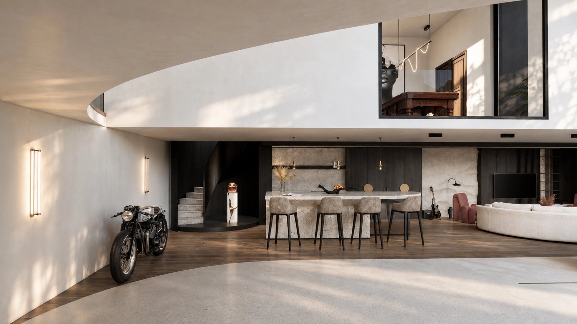 American Dream par Créa’Home : bar avec tabourets, moto de collection et mezzanine courbe.