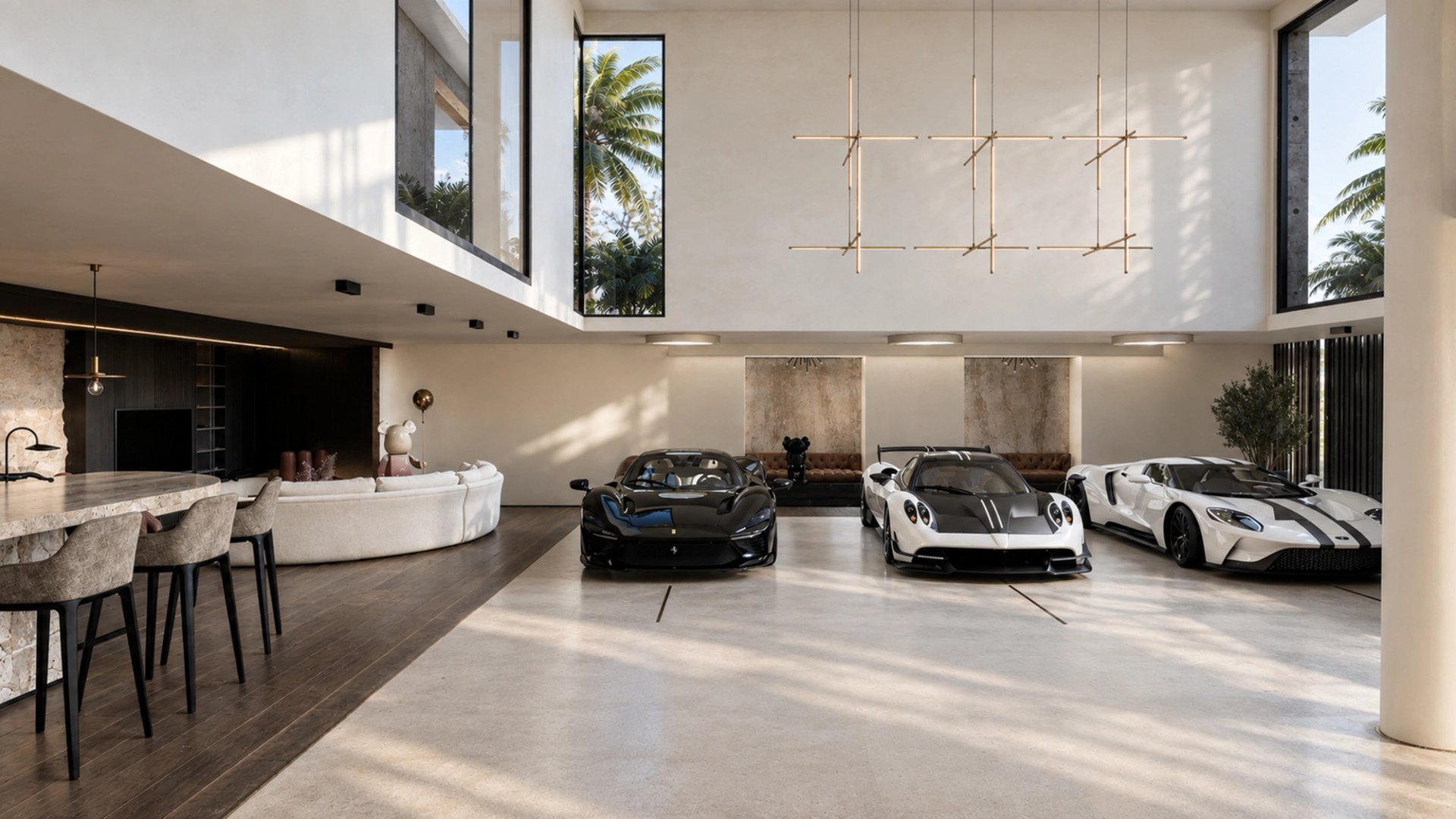 American Dream par Créa’Home : garage en double hauteur, voitures de collection et deux banquettes en alcôves.