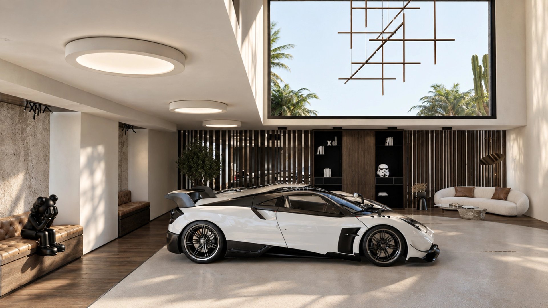American Dream par Créa’Home : Pagani blanche de profil dans le garage, devant les rangements et le salon.