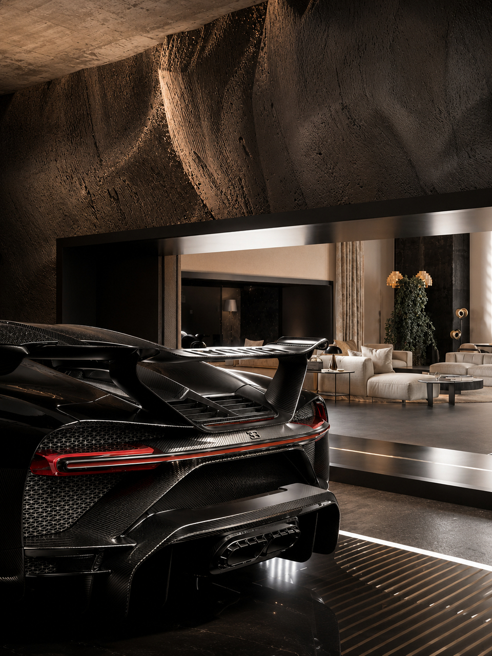 Black Myth — détail arrière de la Bugatti devant le salon