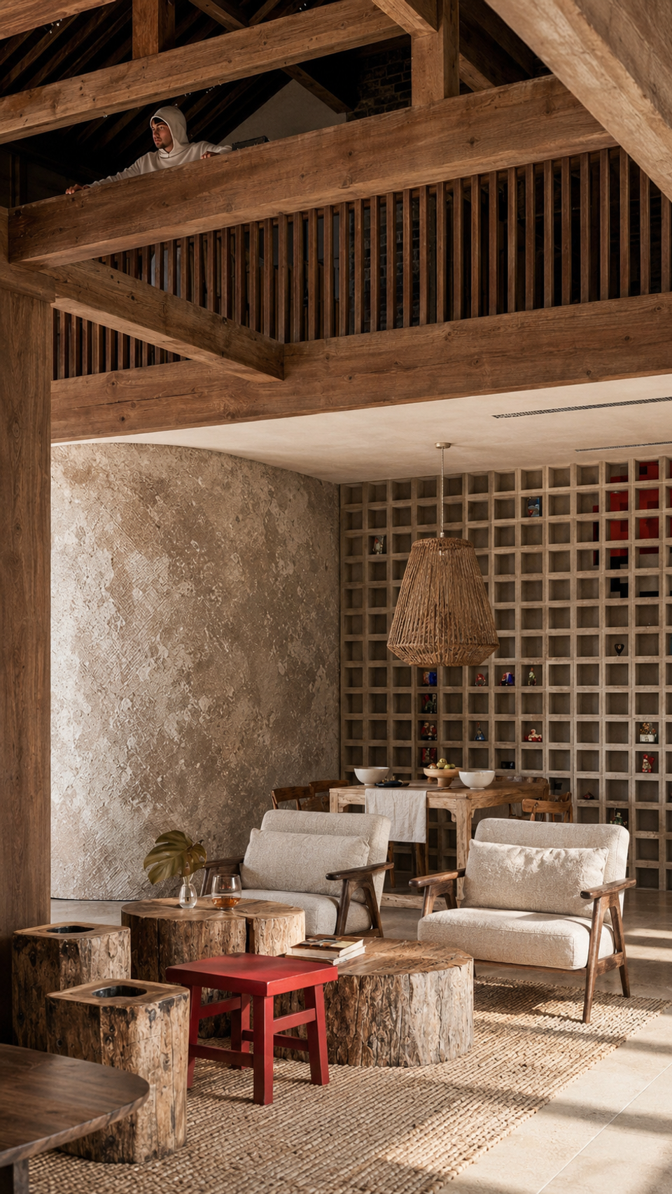Shinobi — perspective du salon et du plafond en bois