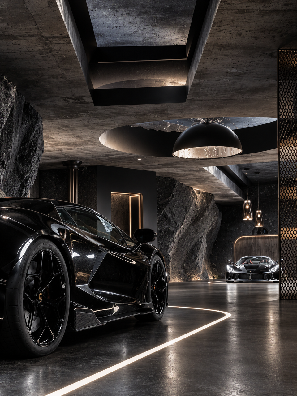 Black Myth — vue latérale de la Lamborghini et du garage