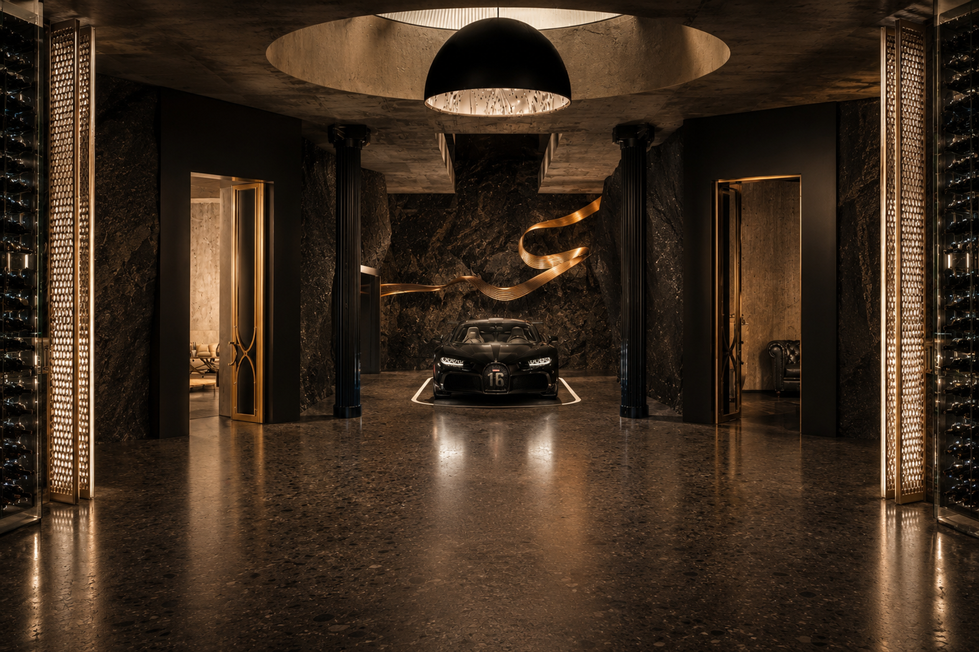 Black Myth — perspective du garage et des portes latérales