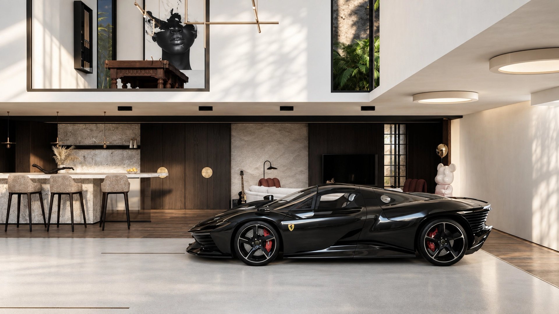 American Dream par Créa’Home : Ferrari noire de profil devant le bar et le salon du garage de collection.