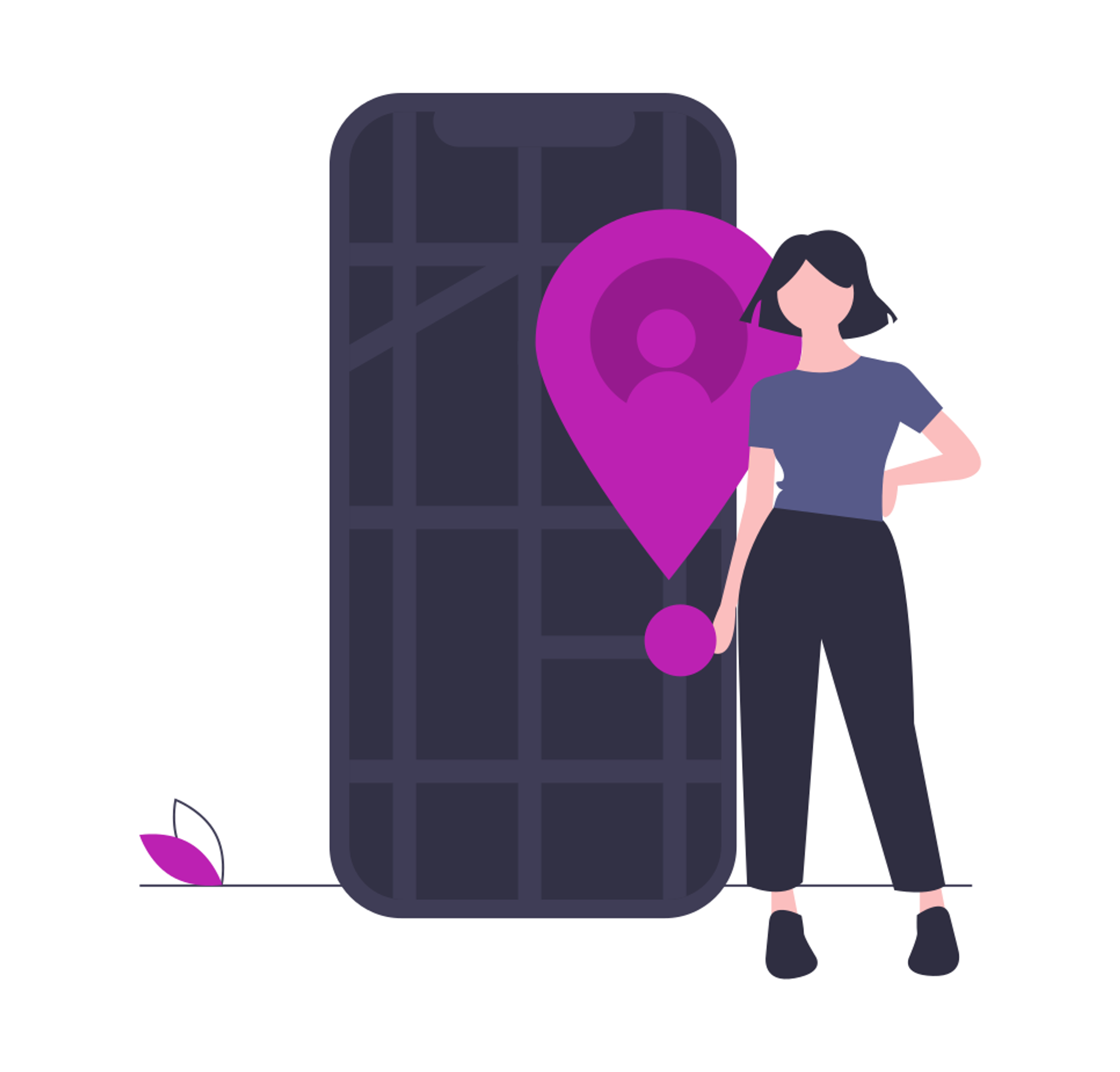 Nainen suurennetun mobiililaitteen edessä. Naisen ja mobiililaitteen välissä paikkaa näyttävä illustraatio.