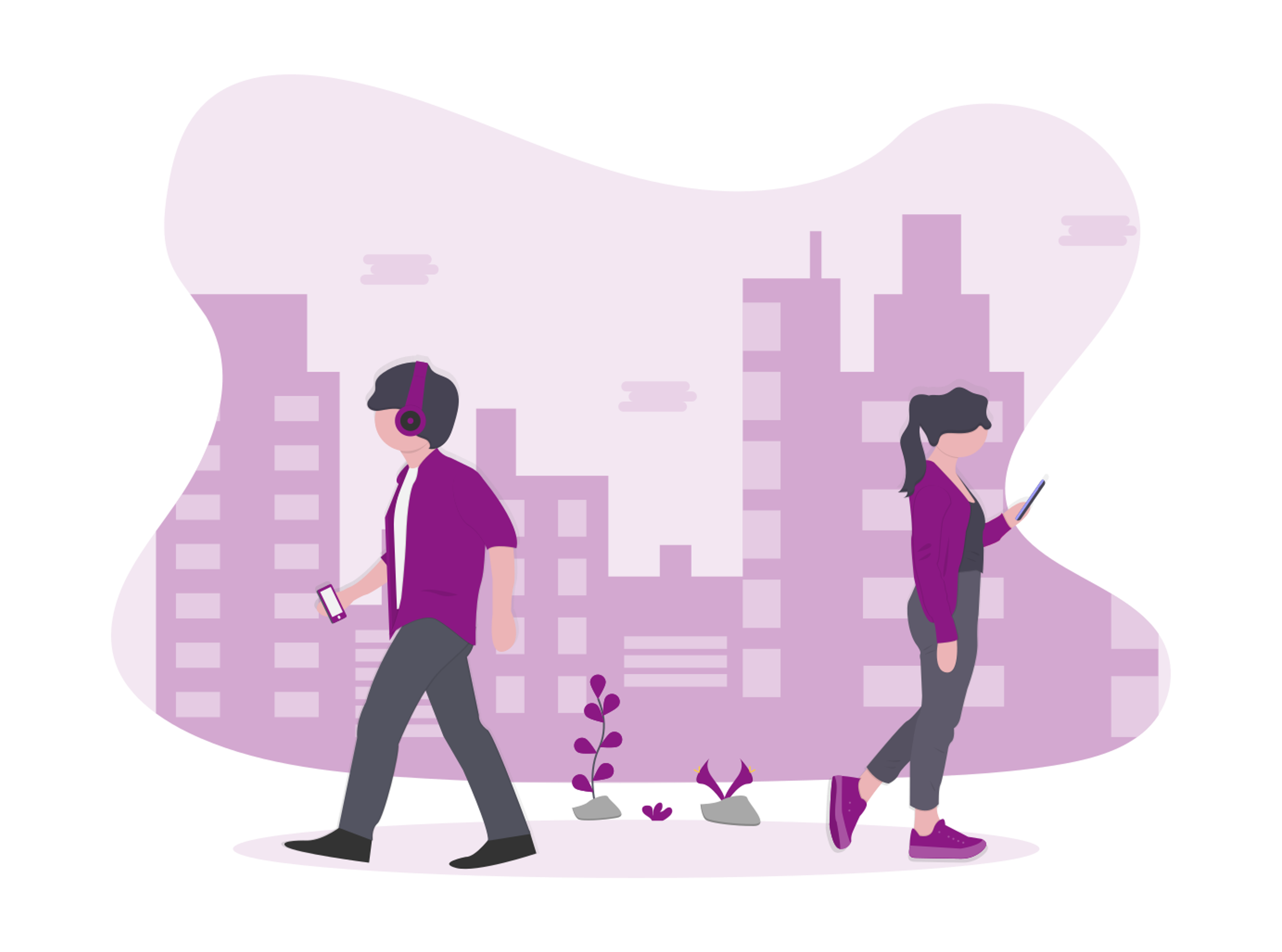 Ihmisiä kävelemässä kaupunkiympäristössä, katselemassa puhelimiaan.