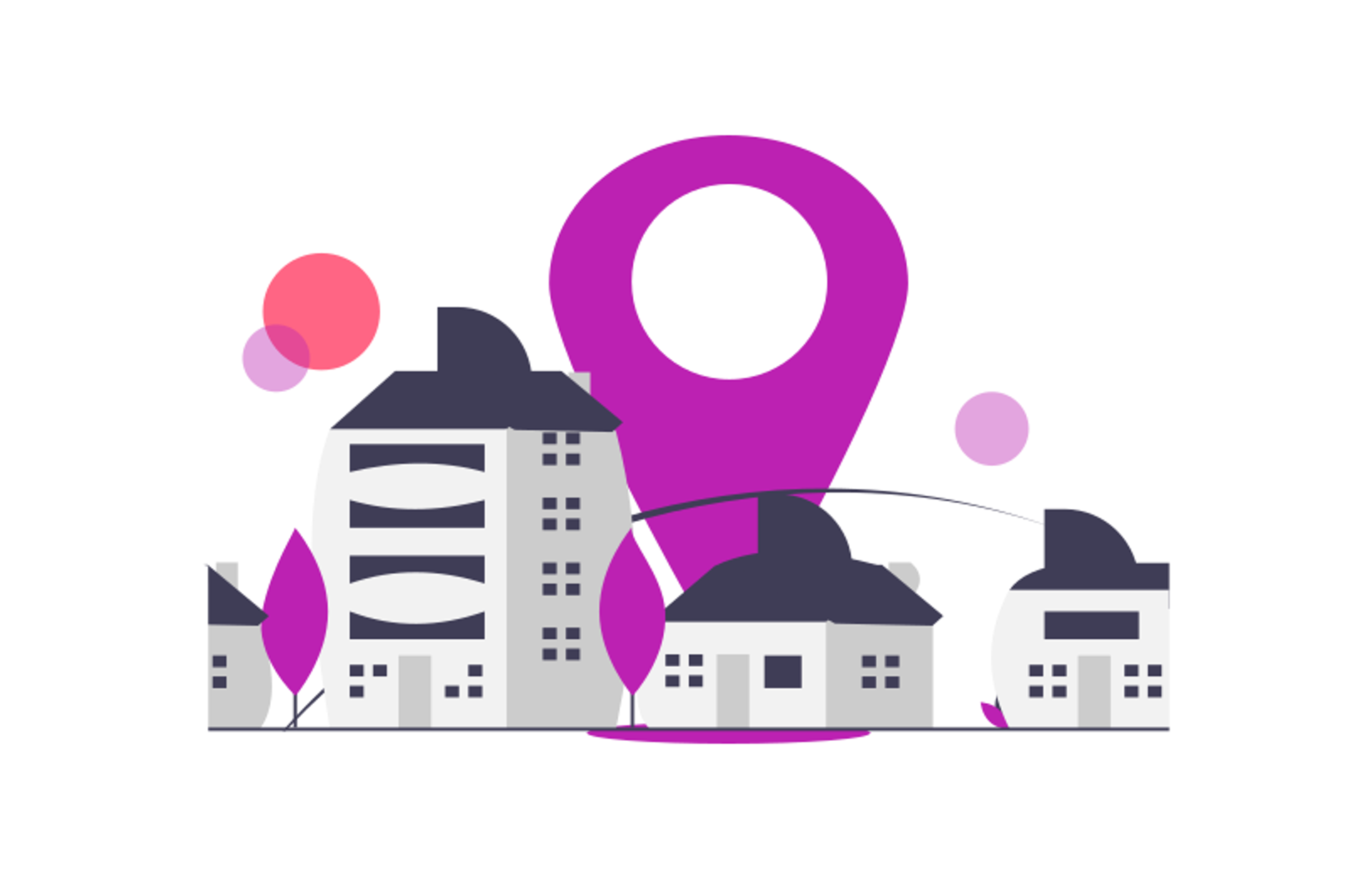 Kaupunkimaisemaa, jonka takana lokaatiota esittävä illustraatio.