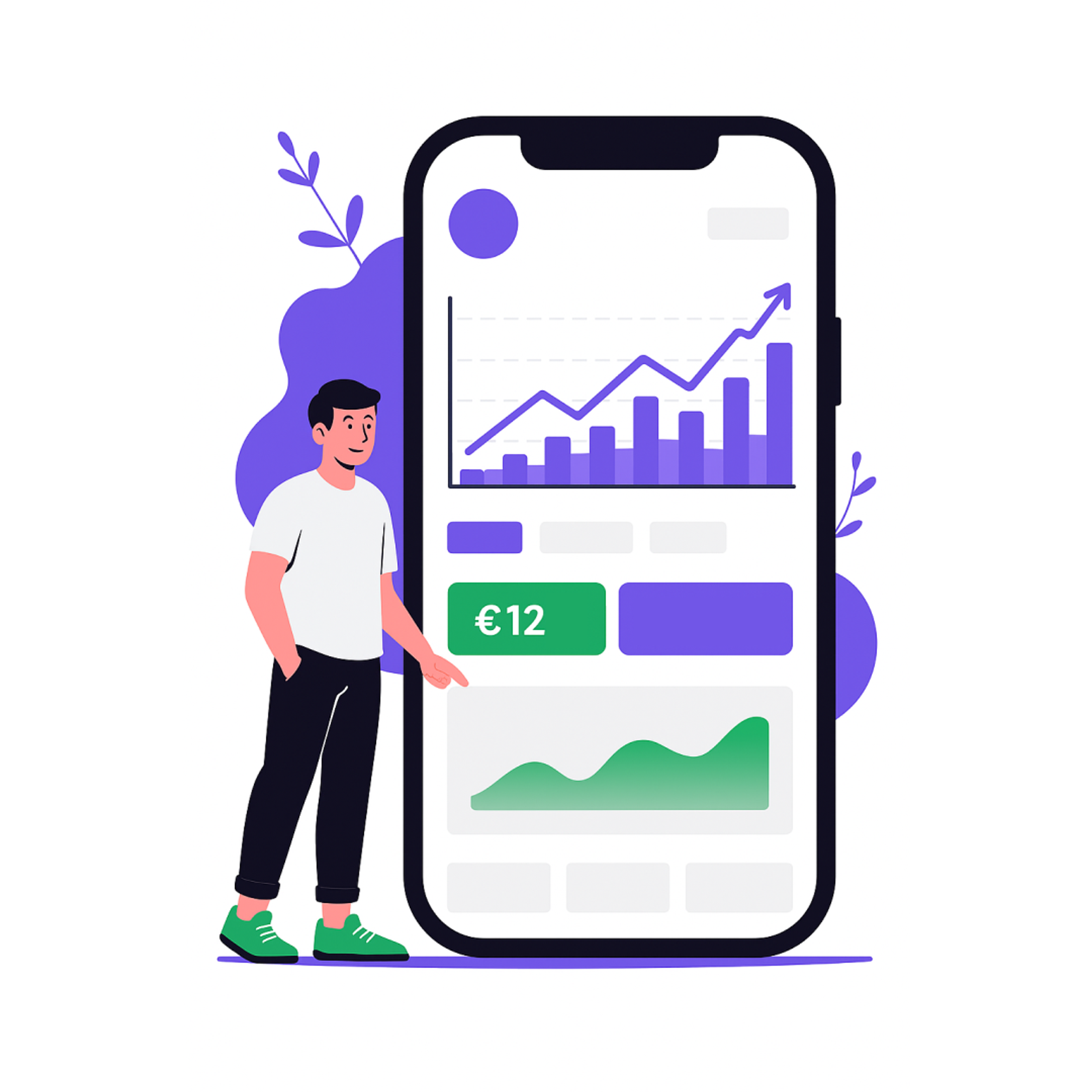 Kuvassa illustraatio miehestä ja matkapuhelimesta, jossa kuvioita.