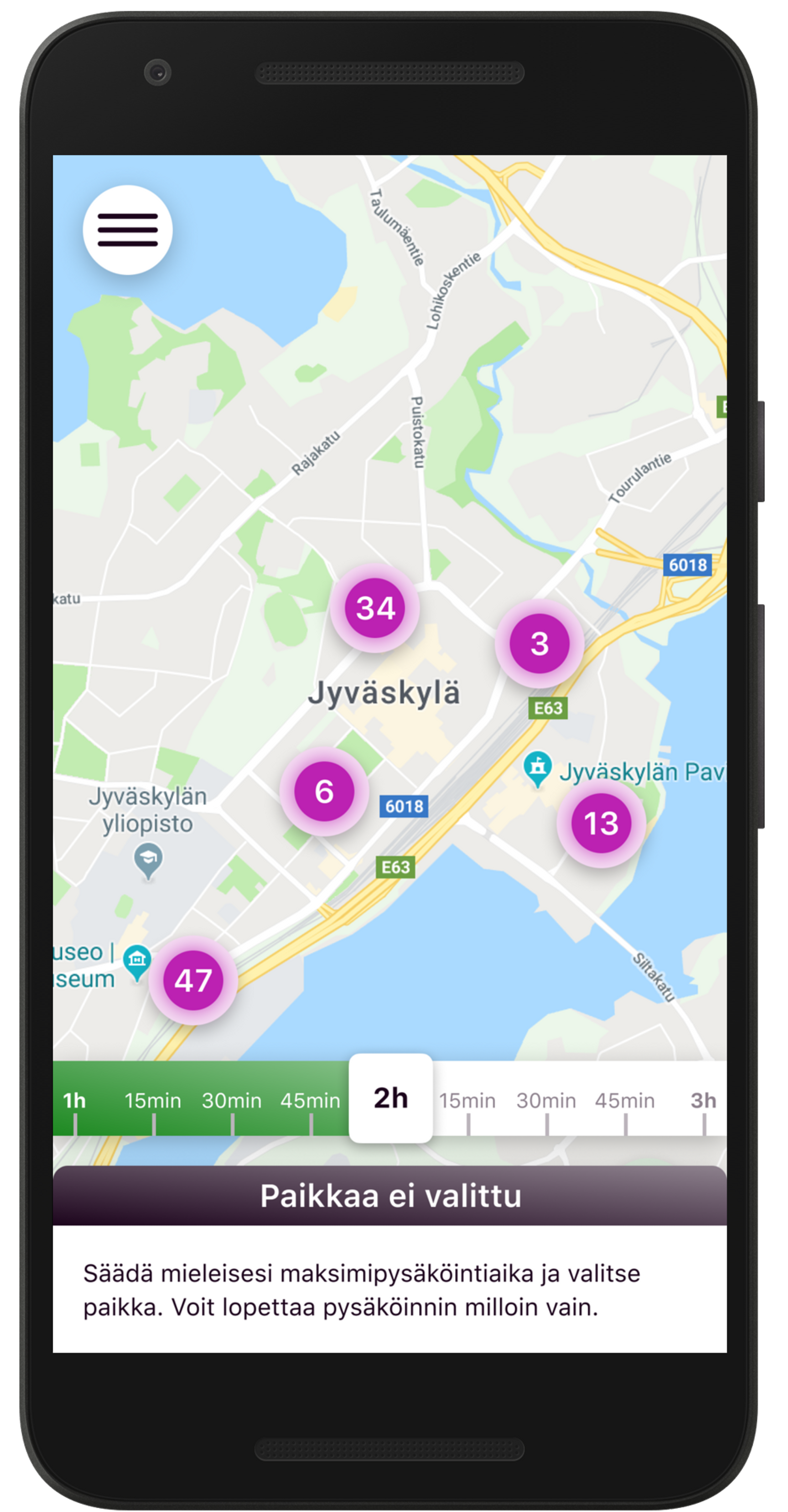 Kuvakaappaus Shareway-sovelluksesta, jossa parkkipaikkoja Jyväskylän keskustassa.
