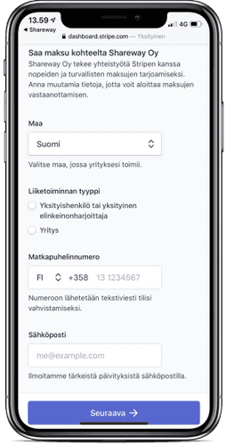 Shareway-sovellus Stripe-kirjautuminen