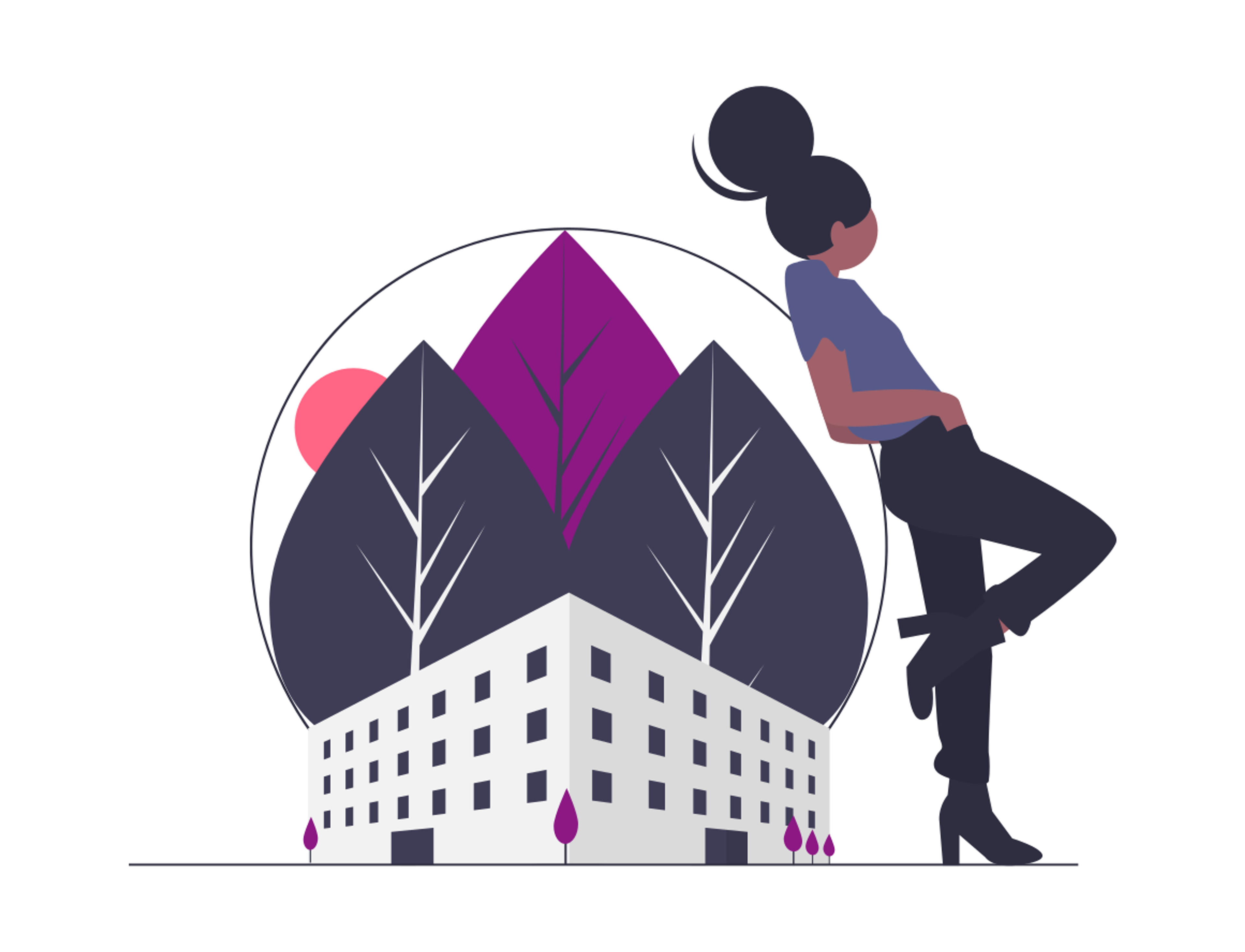 Kaupunkirakennus, jonka takana viherkasveja. Nainen nojaamassa etualalla.