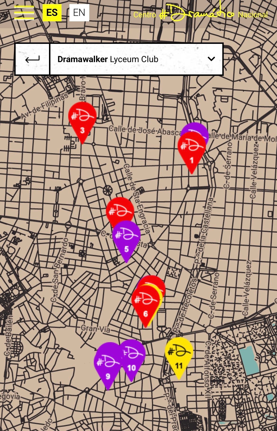Mapa de Madrid en el móvil con las chinchetas de los once puntos del recorrido