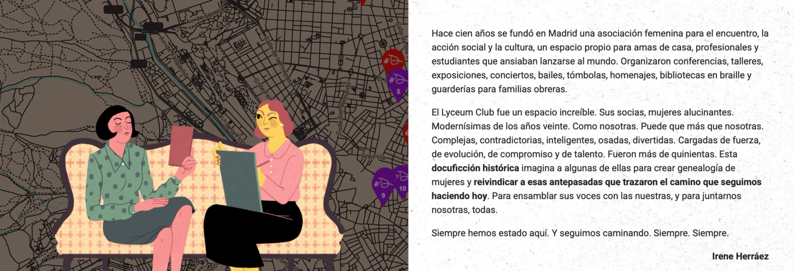 Ilustración de dos mujeres en un sofá junto al texto de presentación del Lyceum Club Femenino