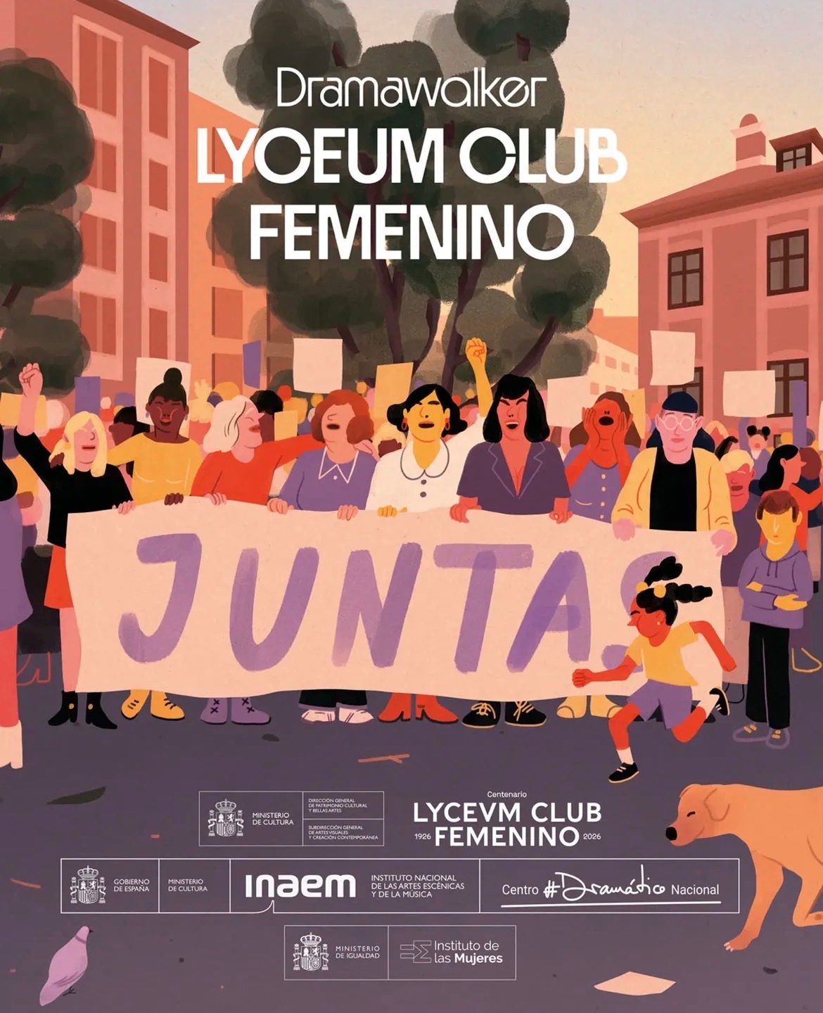 Cartel de DramaWalker Lyceum Club Femenino: ilustración de una manifestación de mujeres con una pancarta que dice "juntas"