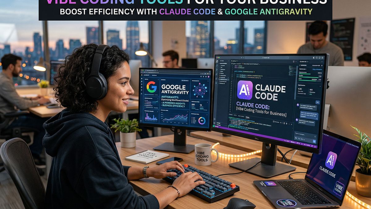 A person working on a laptop with AI-powered business tool icons floating around them, representing vibe coding for business applications