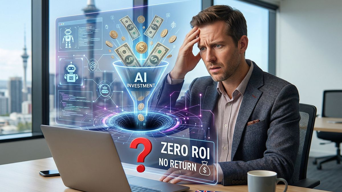 A business owner surrounded by disconnected tech devices, representing wasted digital investment in small businesses