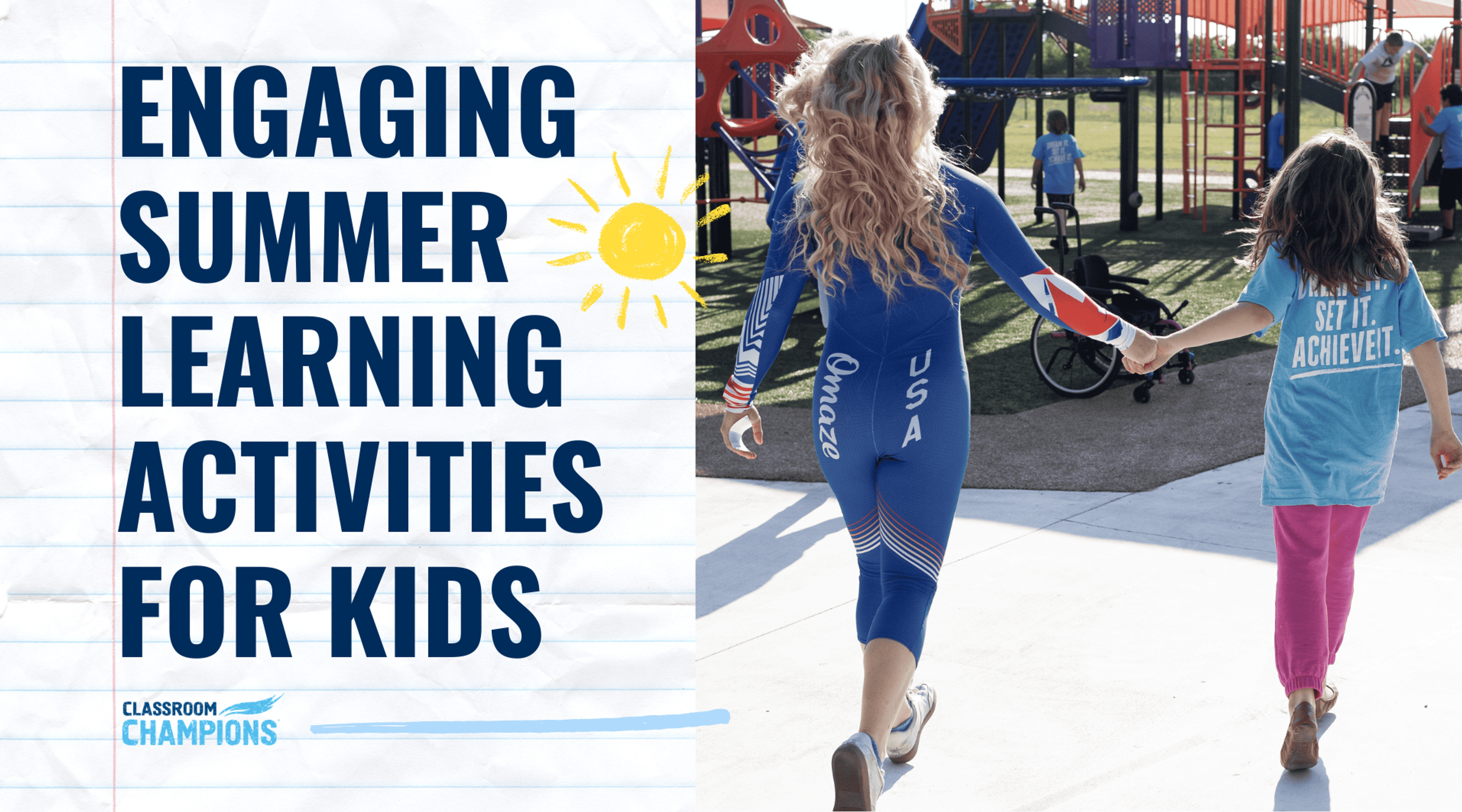 A Team USA athlete in racing gear walks hand-in-hand with a child toward a playground.