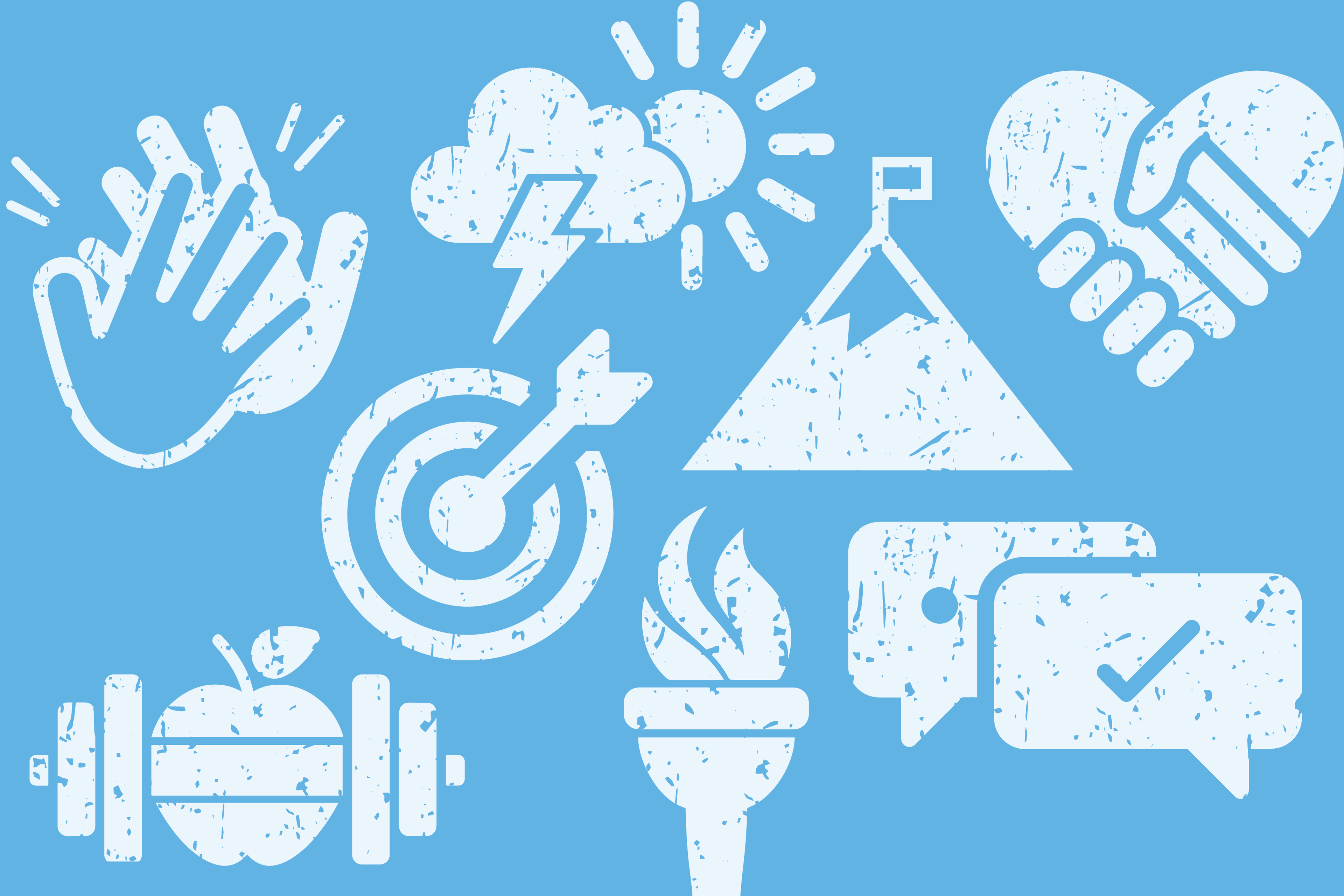 Icons representing perseverance, goal-setting, health, and communication skills taught through mentorship.