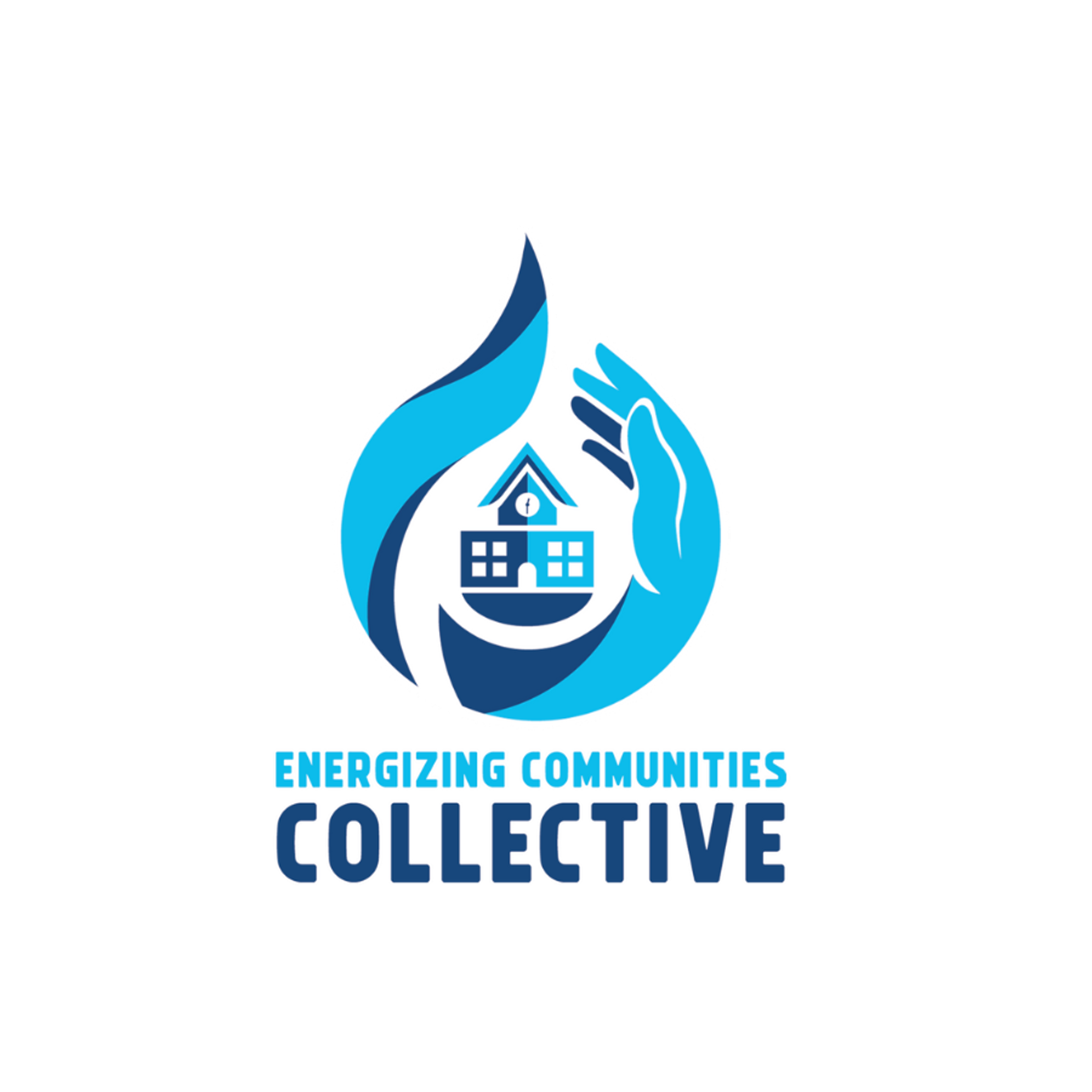 Logo of the Energizing Communities Collective, featuring a schoolhouse cradled by a hand within a flame shape.
