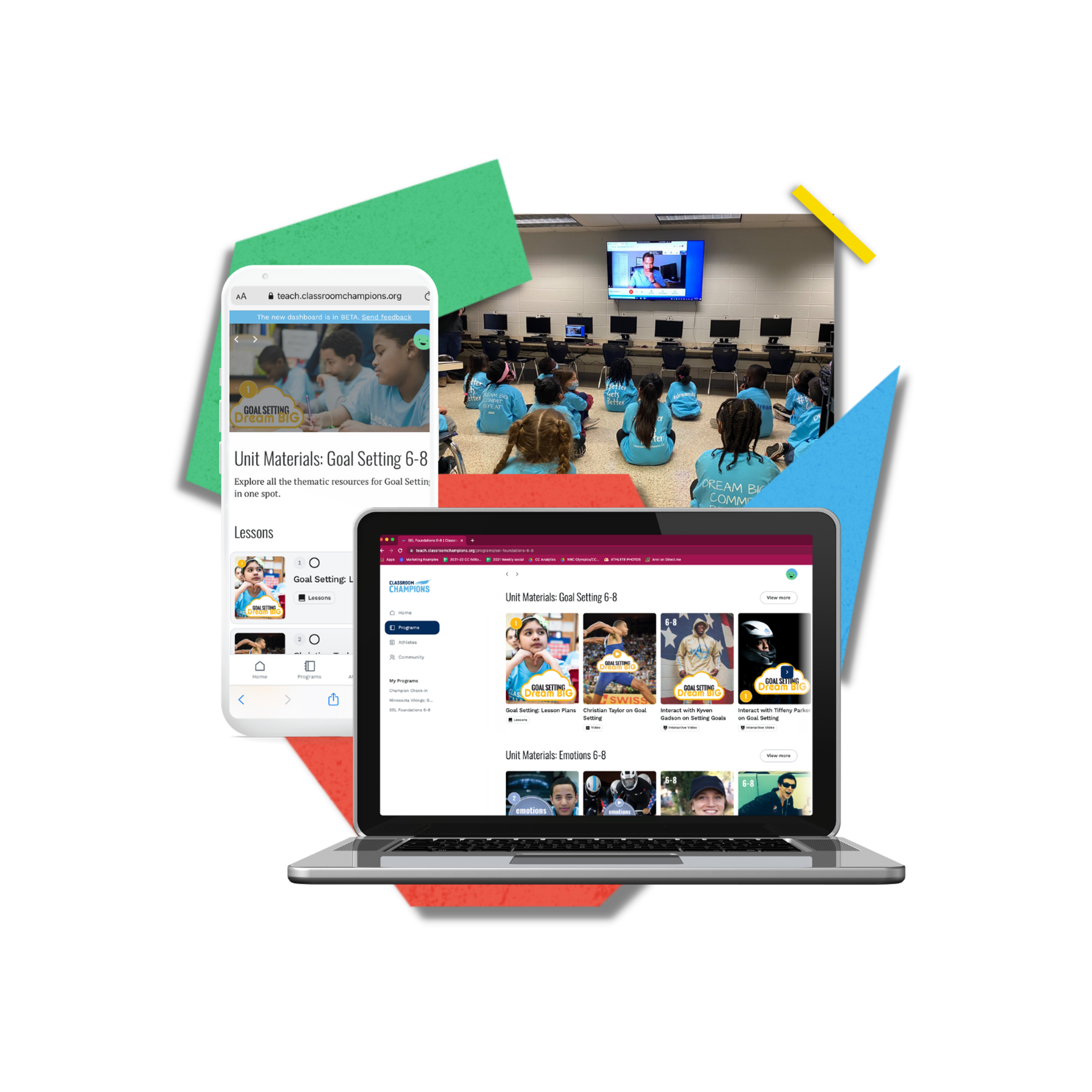 Classroom Champions dashboard on laptop and phone, with students in a classroom watching a video lesson.