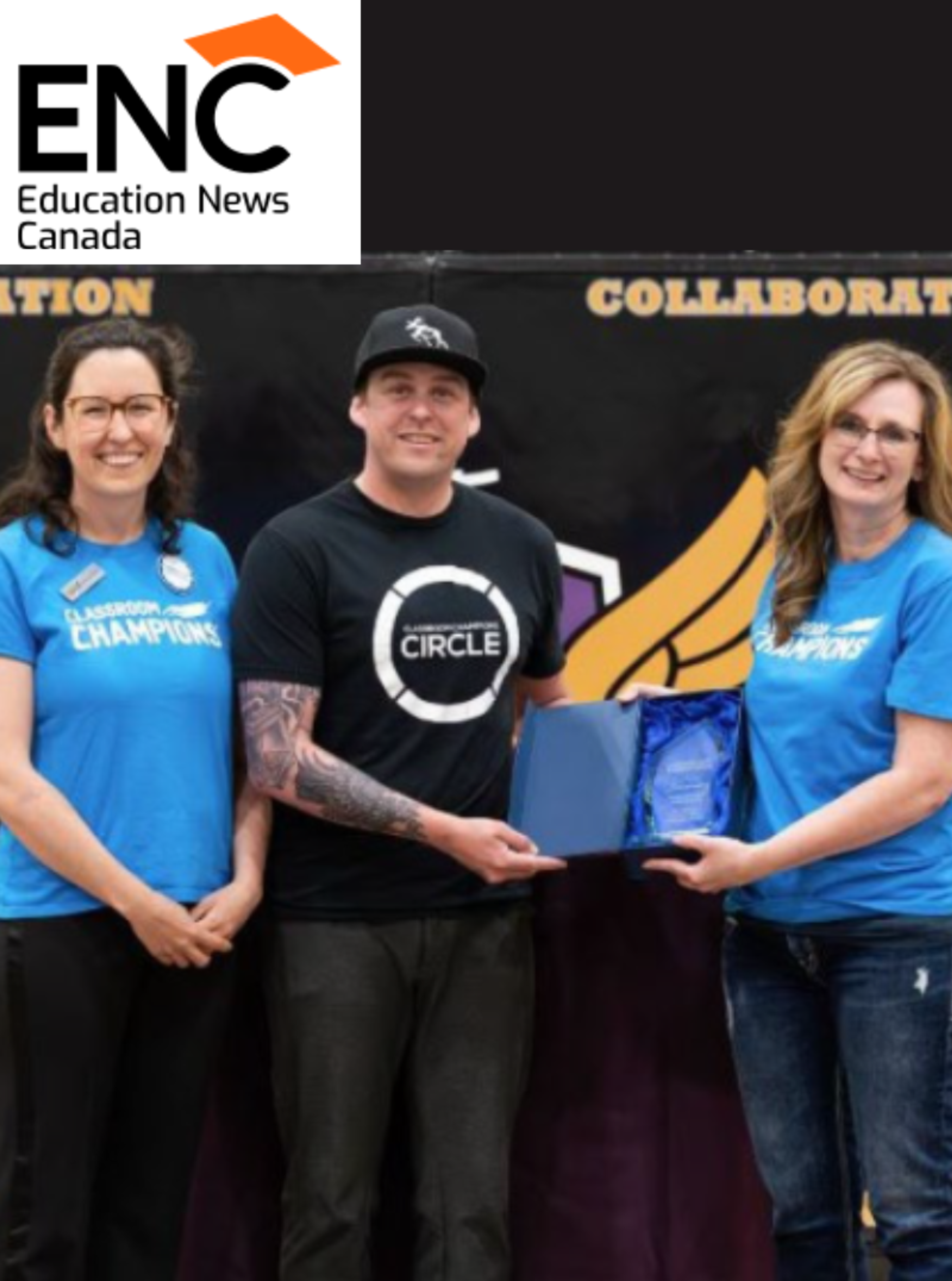 Classroom Champions team members holding an award, with an Education News Canada logo overlaid.