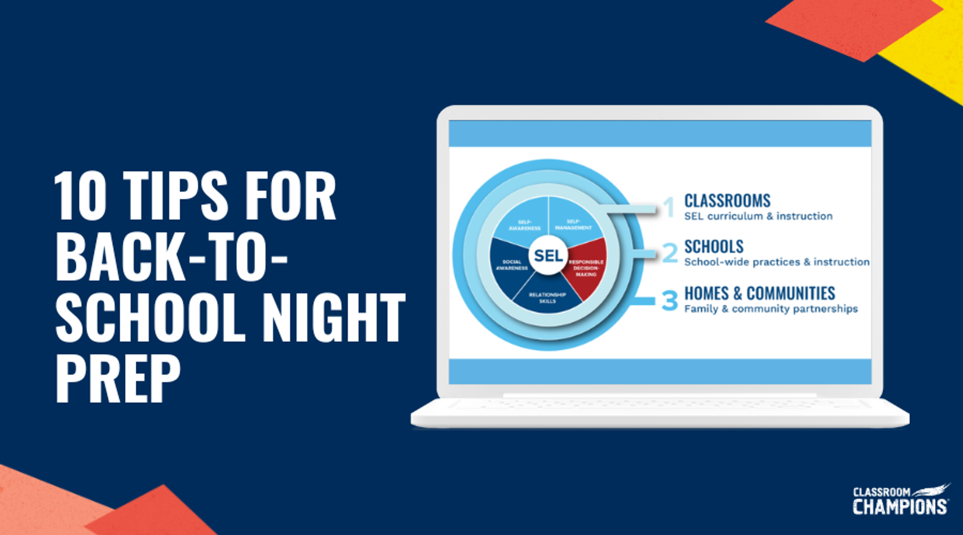 10 Tips for Back-to-School Night Prep, with a laptop showing an SEL framework spanning classrooms, schools, and communities.
