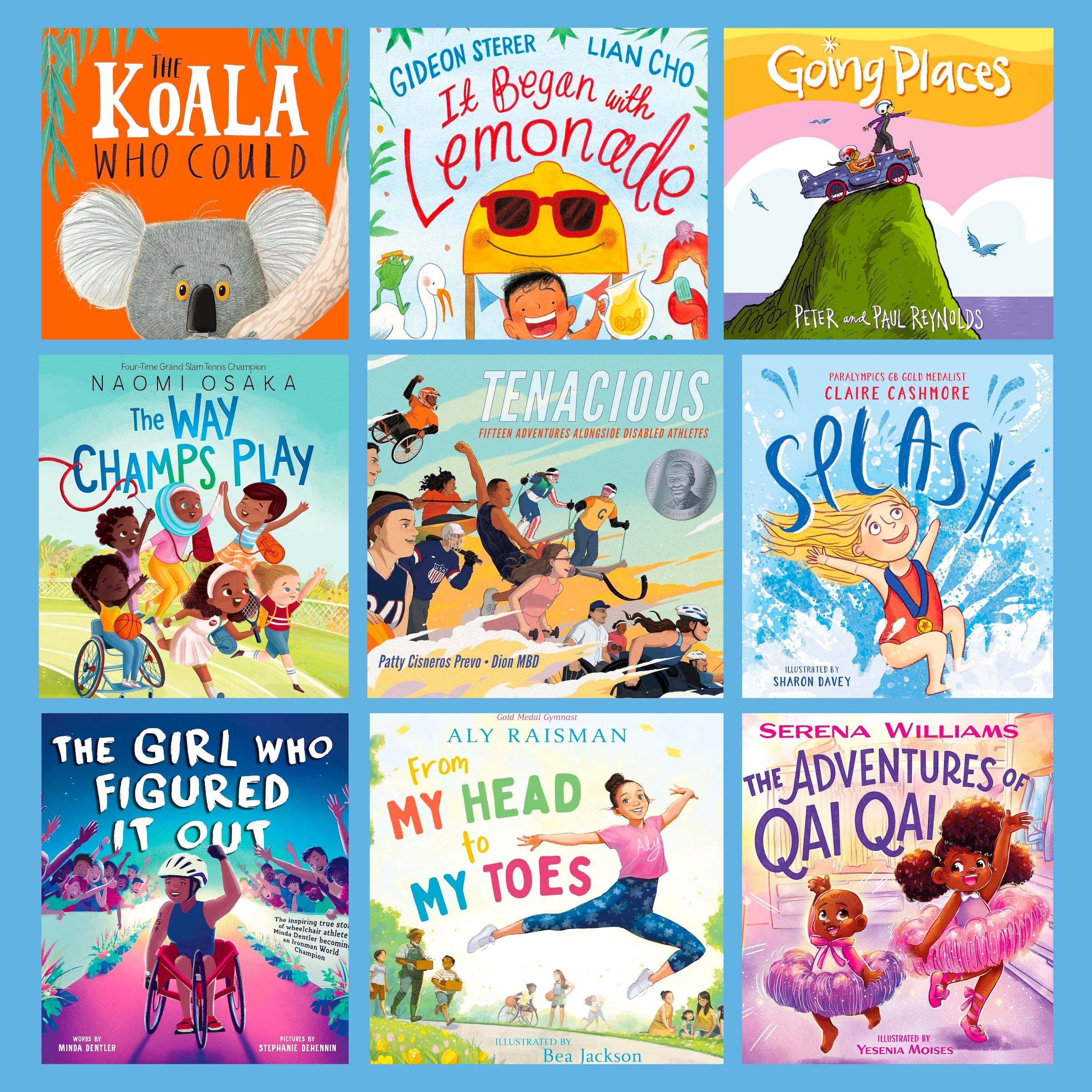 Grid of nine children's book covers, including titles about disabled and Olympic/Paralympic athletes like Naomi Osaka, Aly Raisman, and Serena Williams.