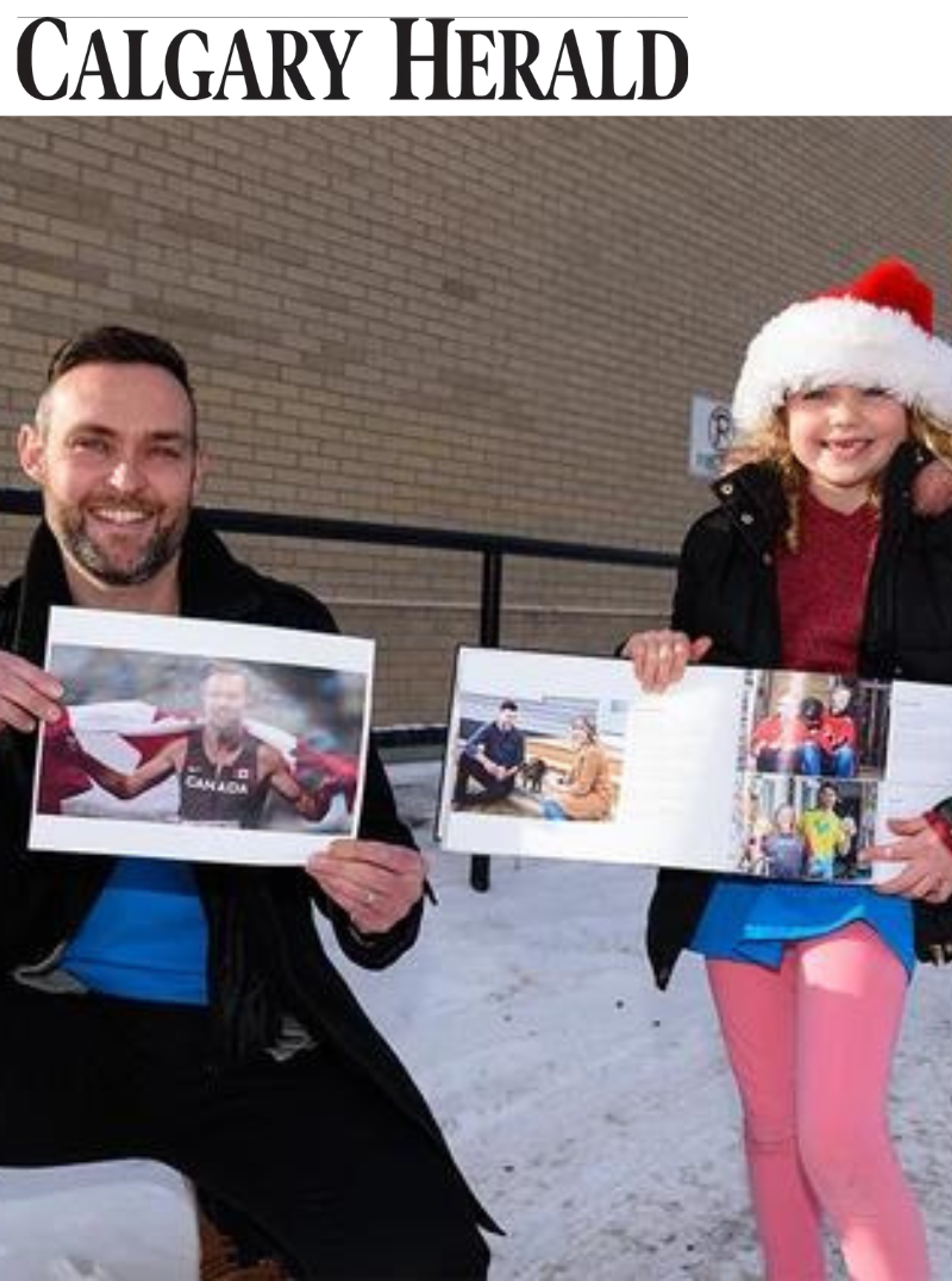 Athlete mentor and a young mentee, dressed as Santa, hold printed photos from their mentorship, featured in the Calgary Herald.