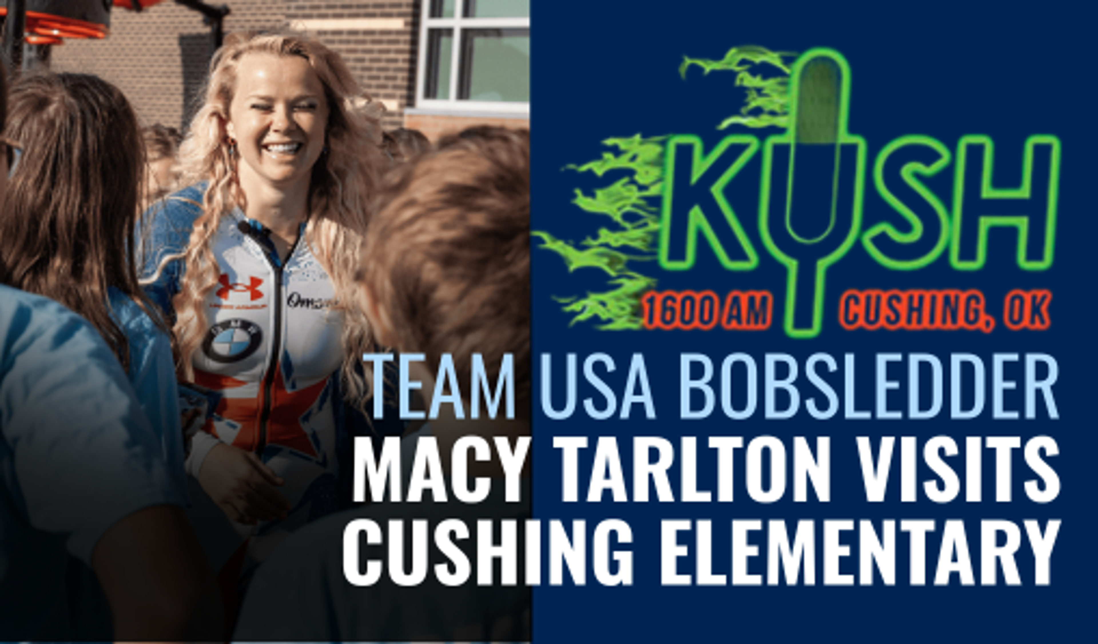 Team USA bobsledder Macy Tarlton smiles while greeting students during her visit to Cushing Elementary.
