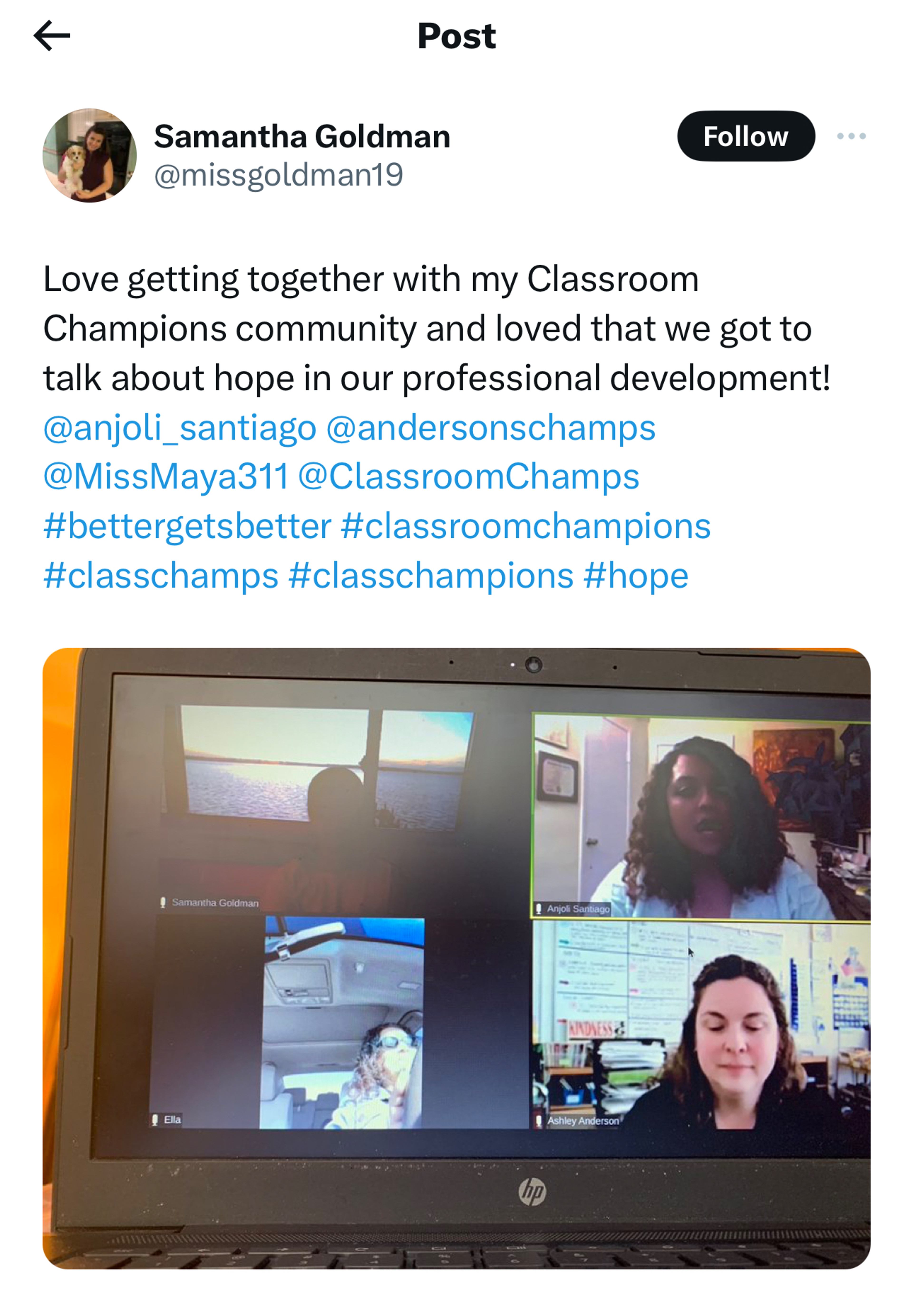 Screenshot of a laptop showing a video call among Classroom Champions community members discussing hope in professional development.
