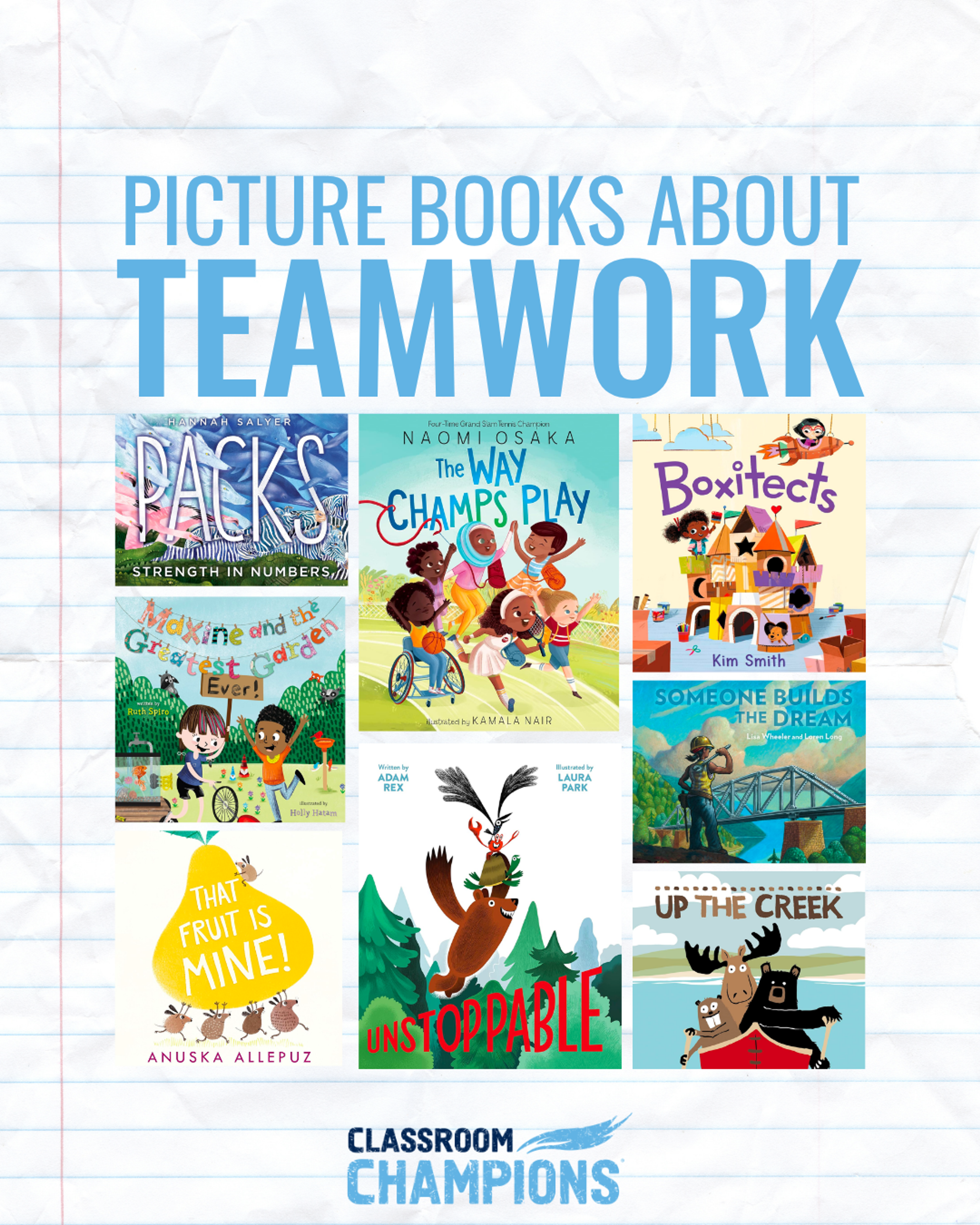 Book cover collage for a Classroom Champions reading list on teamwork, including titles like The Way Champs Play and Boxitects.