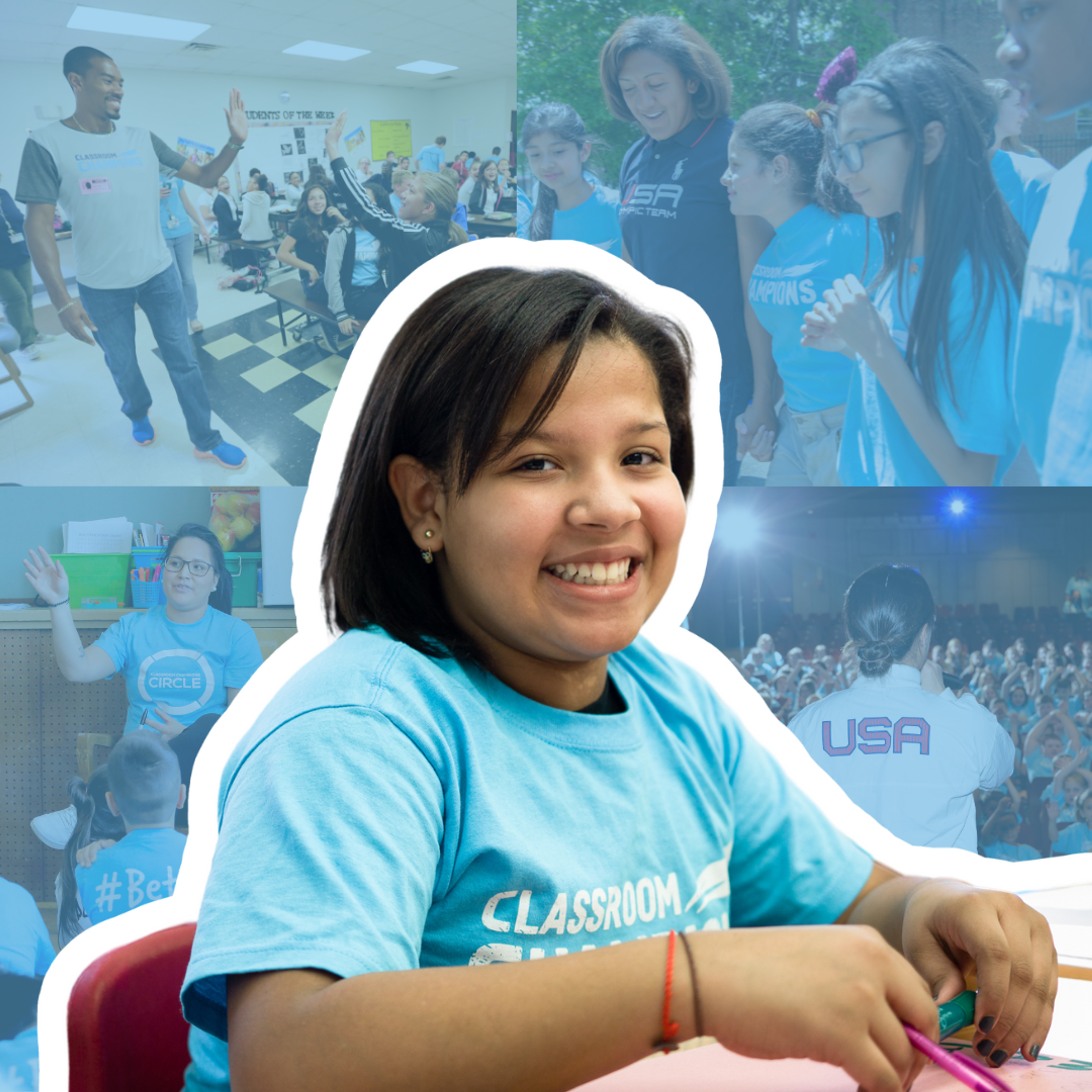 Collage of Classroom Champions students and mentors in classrooms and at team events wearing program t-shirts.