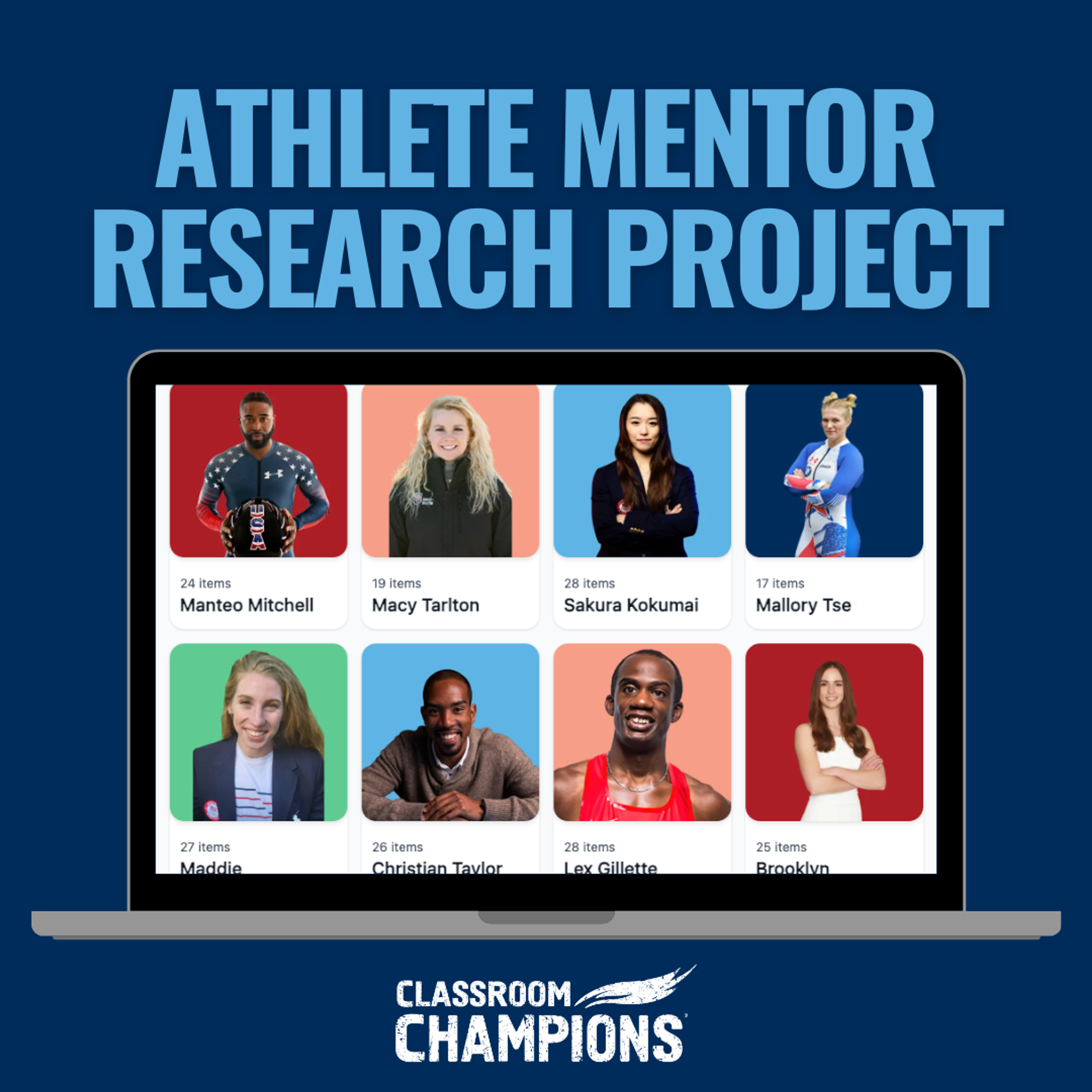 Athlete Mentor Research Project screen listing profiles for mentors including Manteo Mitchell, Sakura Kokumai, and Lex Gillette.