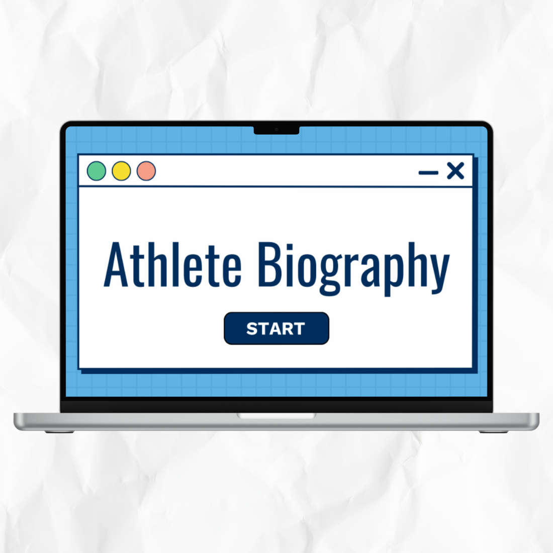 Illustration of a laptop displaying an online Athlete Biography activity with a start button.