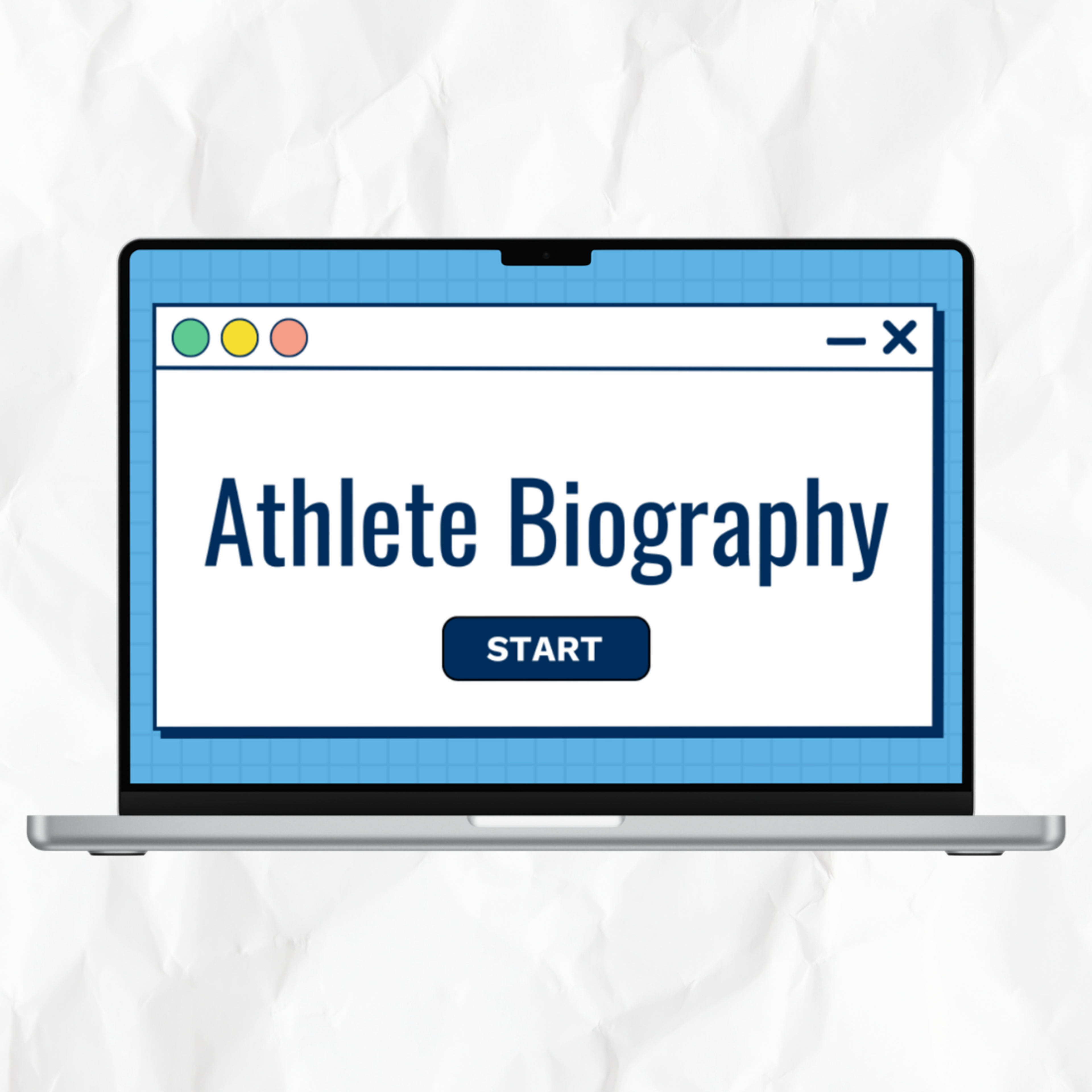Illustration of a laptop displaying an online Athlete Biography activity with a start button.