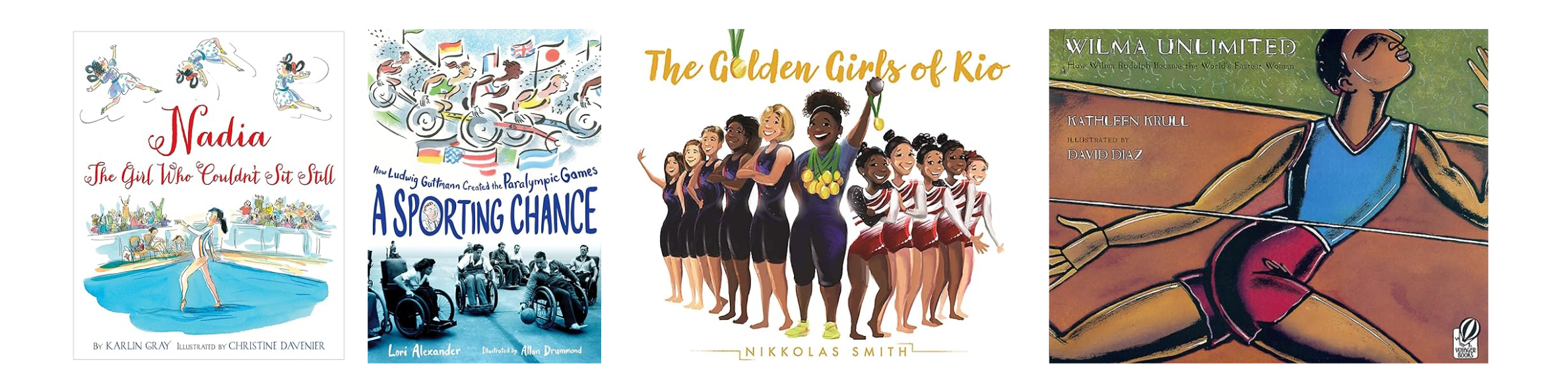 Book covers for Nadia, A Sporting Chance, The Golden Girls of Rio, and Wilma Unlimited.