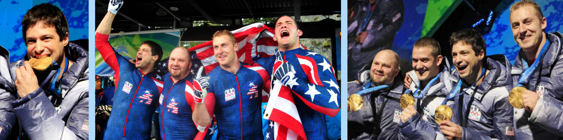 Steve Mesler and his U.S. bobsled teammates celebrate their Olympic gold medal win.