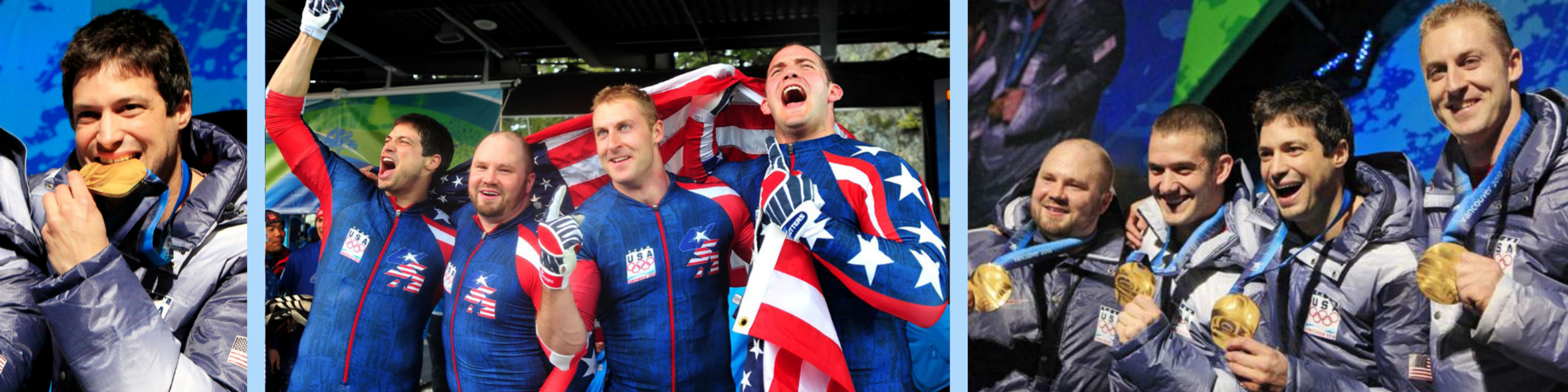 Steve Mesler and his U.S. bobsled teammates celebrate their Olympic gold medal win.