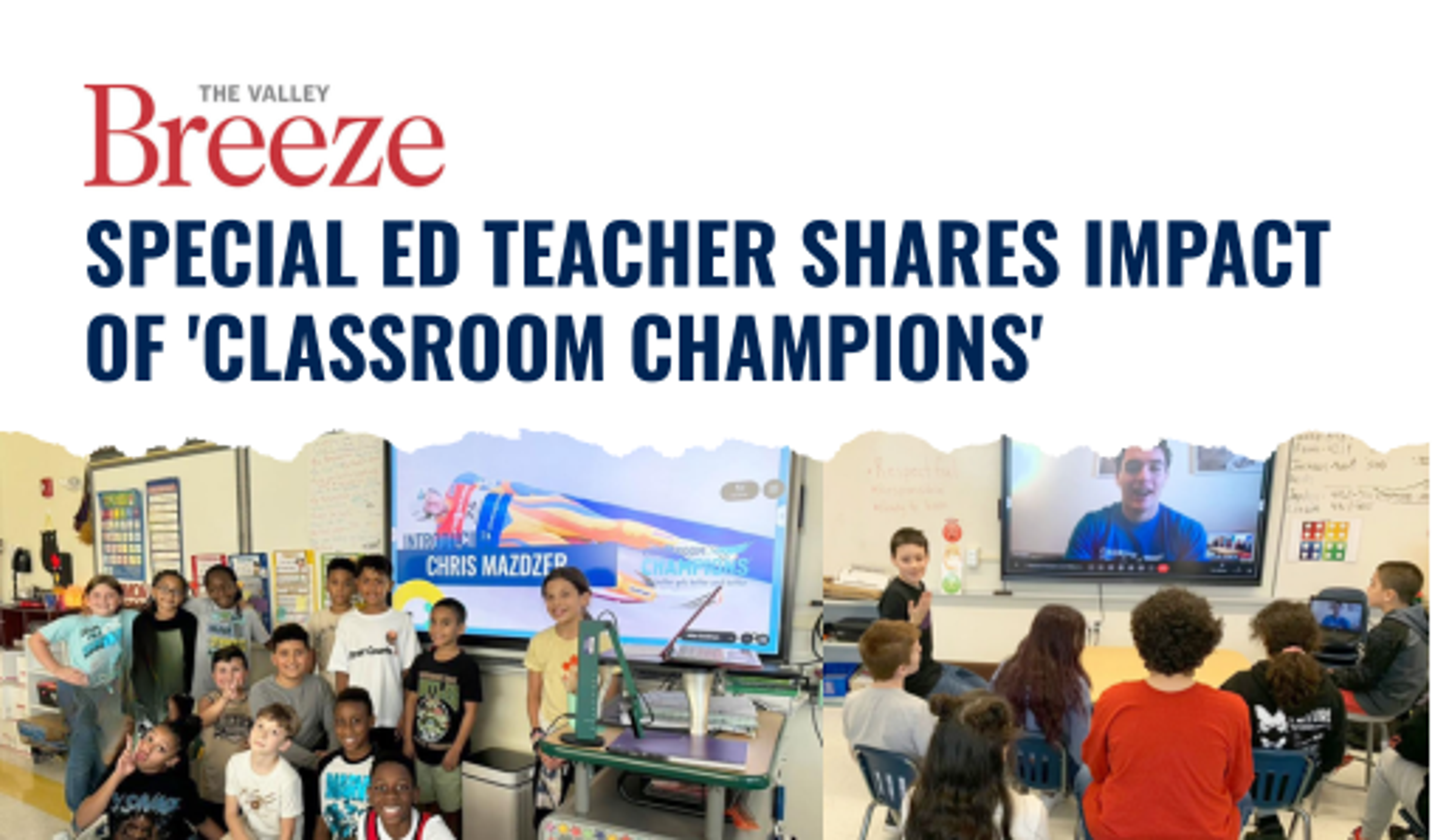 Valley Breeze headline on a special ed teacher's impact story, with photos of students meeting mentor Chris Mazdzer via video call.
